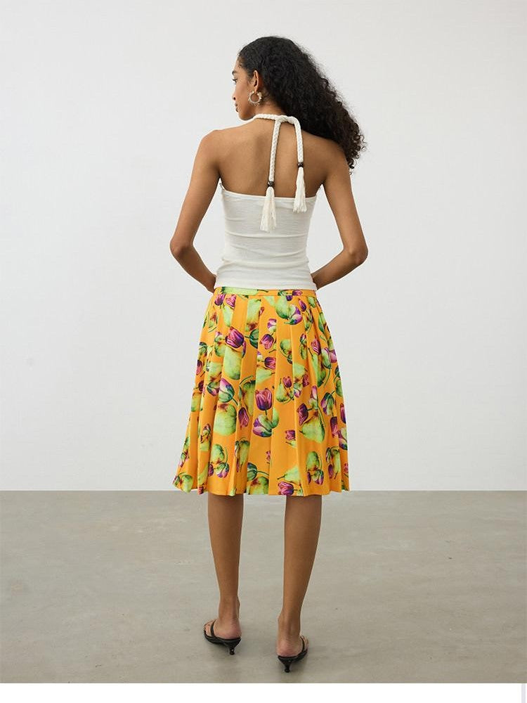 AFTADAWN Tropical Orange Printed Pleated A Line High Waist Women&