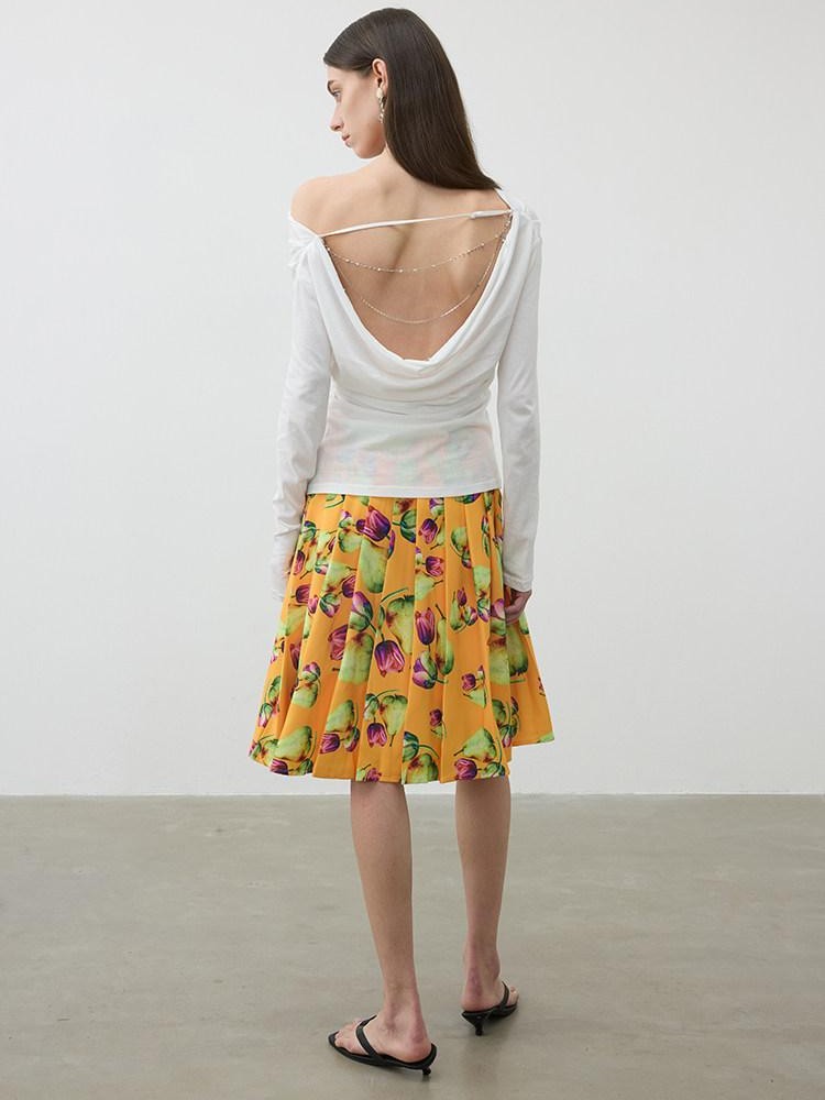 AFTADAWN Tropical Orange Printed Pleated A Line High Waist Women&
