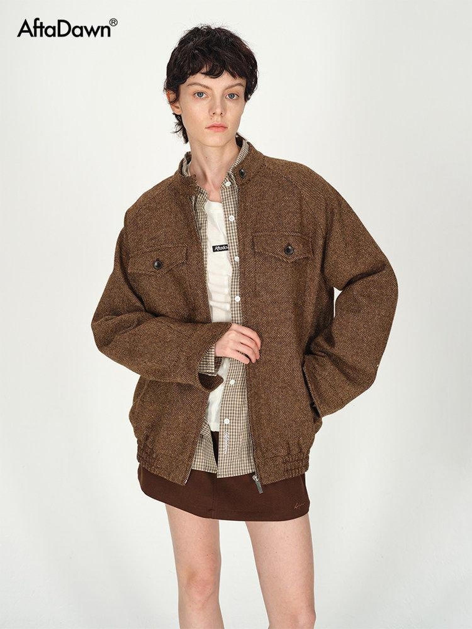 AFTADAWN Tweed Stand Collar Zipper Pocket Boxy Women&