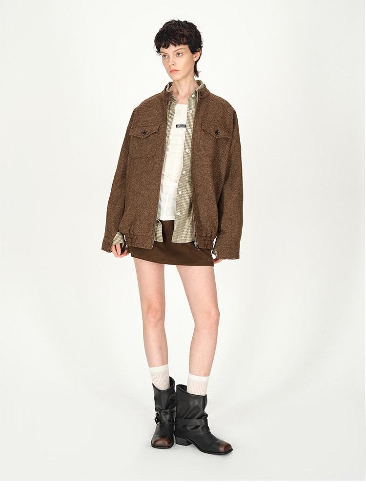 AFTADAWN Tweed Stand Collar Zipper Pocket Boxy Women&