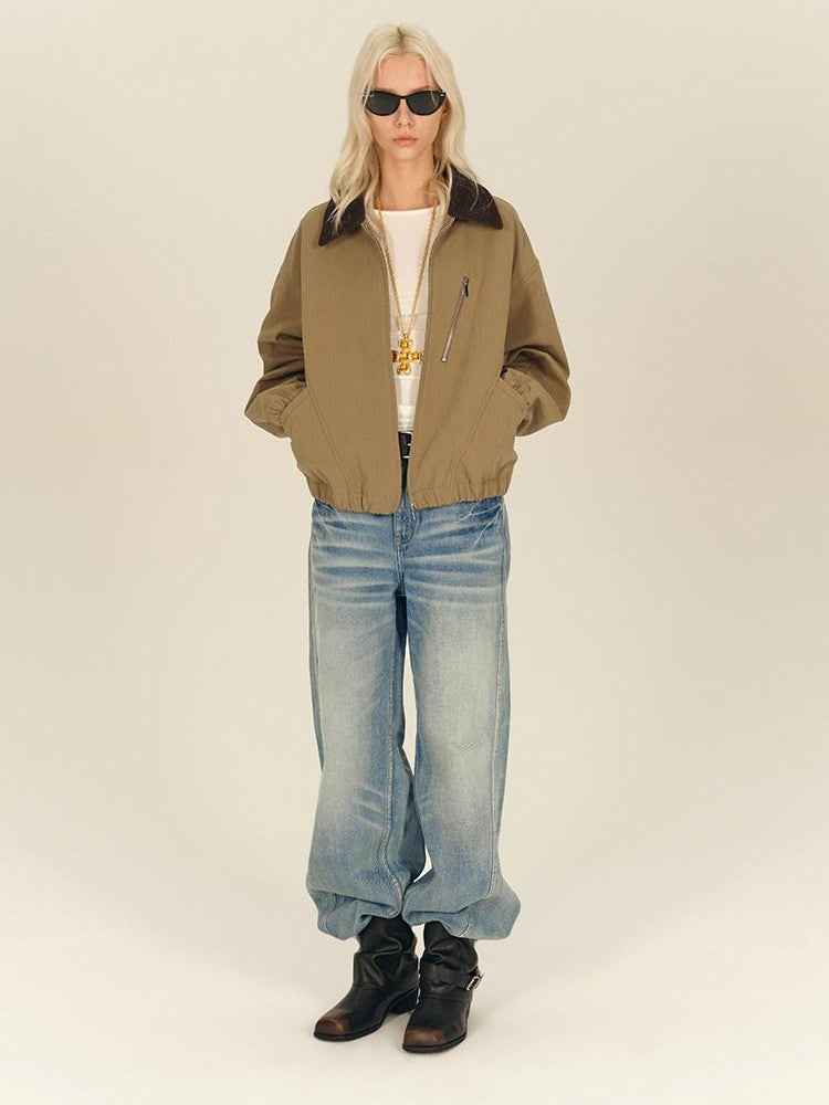AFTADAWN Twill Texture Patchwork Colorblock Lapel Zip Women&