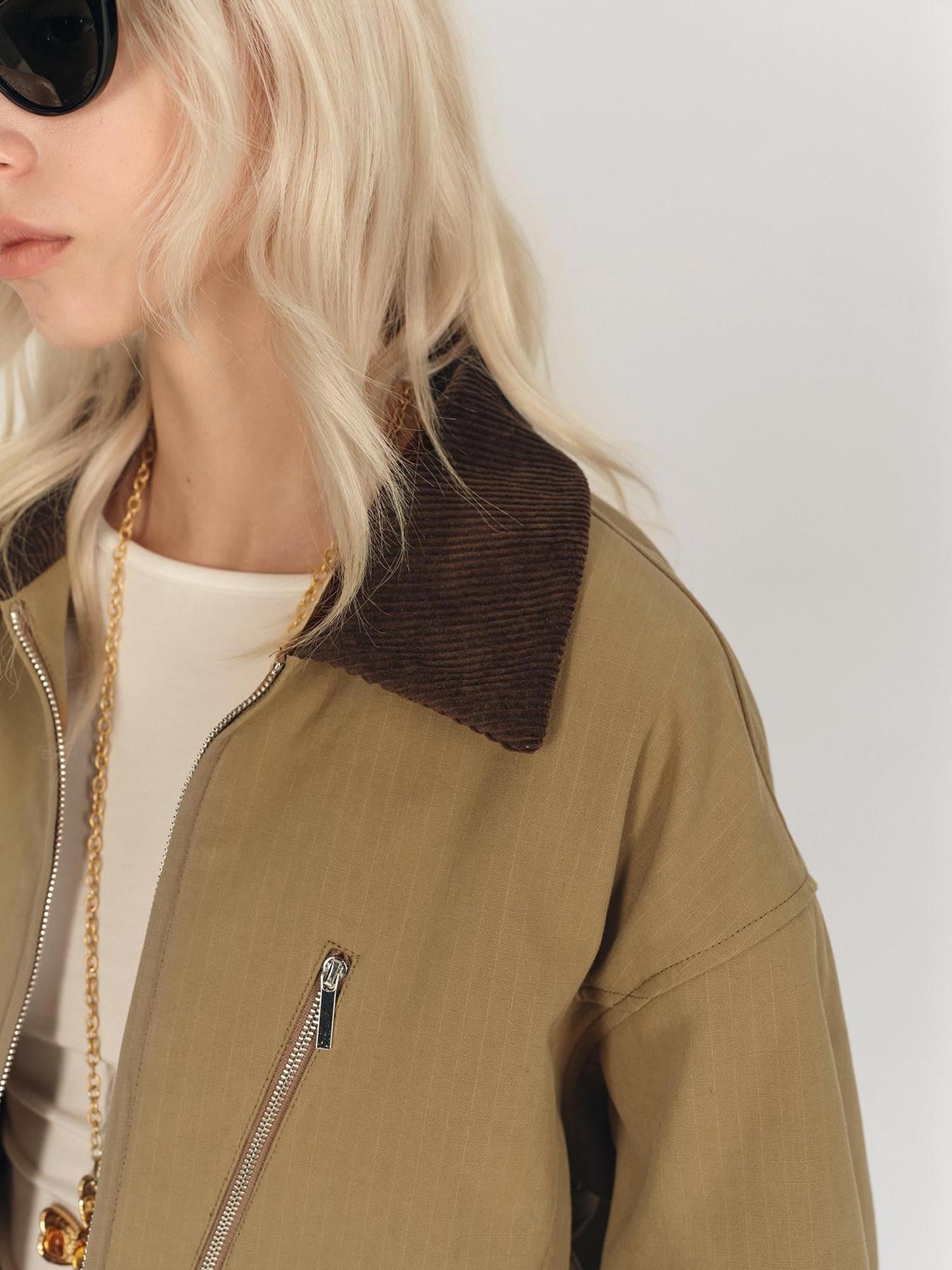 AFTADAWN Twill Texture Patchwork Colorblock Lapel Zip Women&