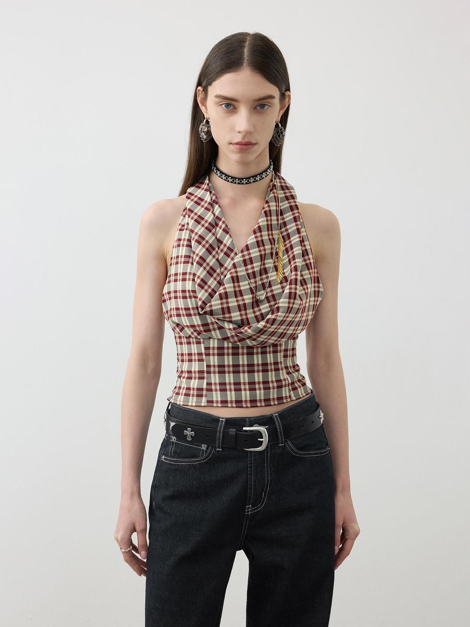 AFTADAWN Two In One Halter Neck Tops With Draped Cowl Neck And Checkered Pattern