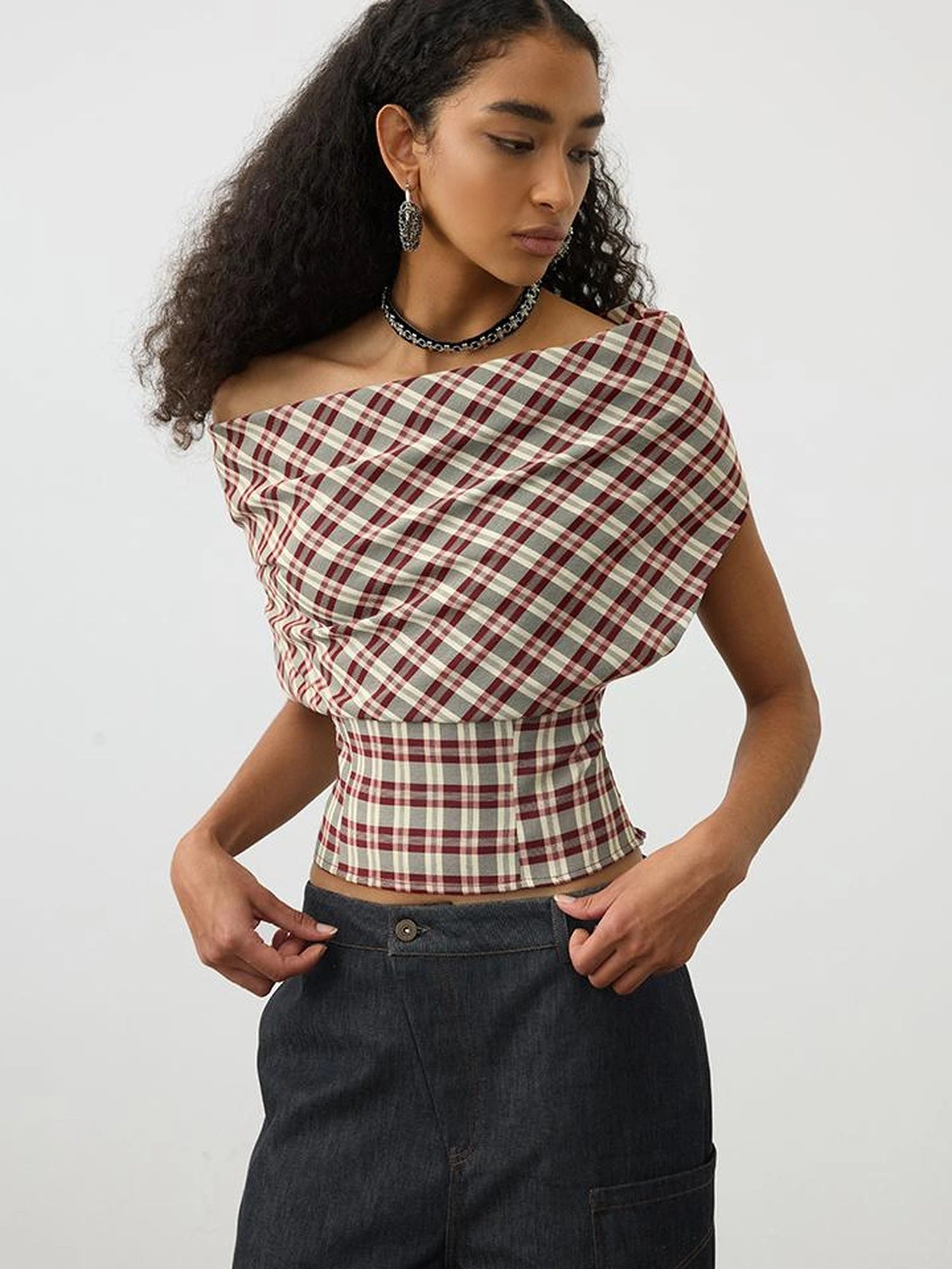 Two In One Halter Neck Tops With Draped Cowl Neck And Checkered Pattern