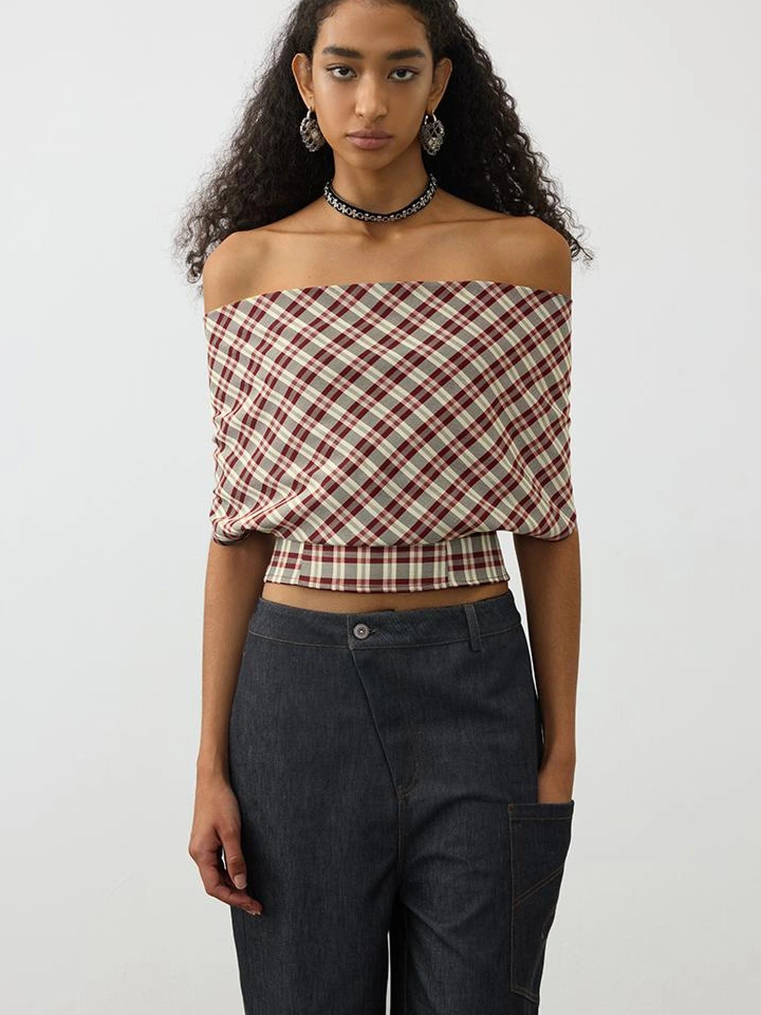 Two In One Halter Neck Tops With Draped Cowl Neck And Checkered Pattern