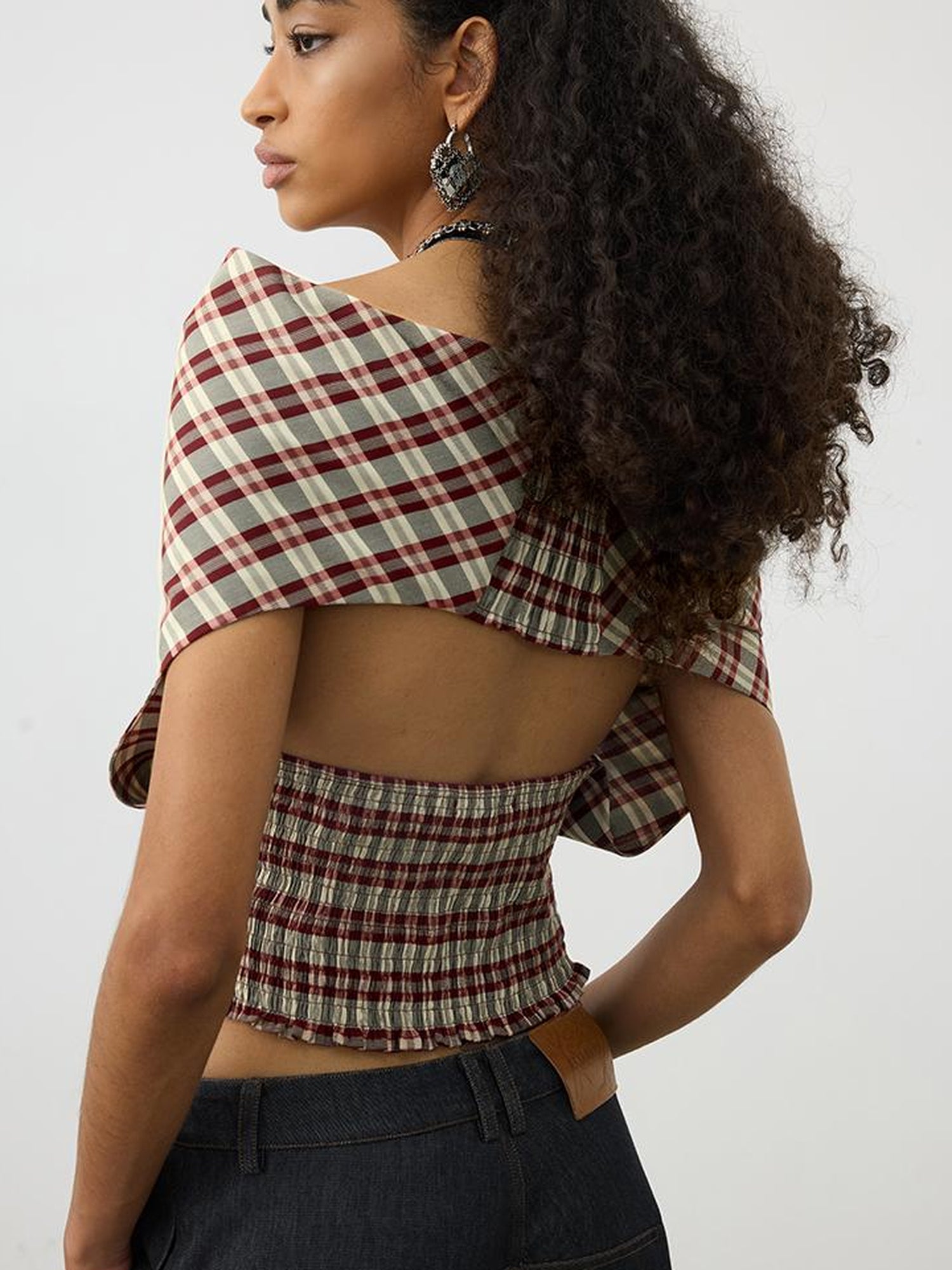 AFTADAWN Two In One Halter Neck Tops With Draped Cowl Neck And Checkered Pattern