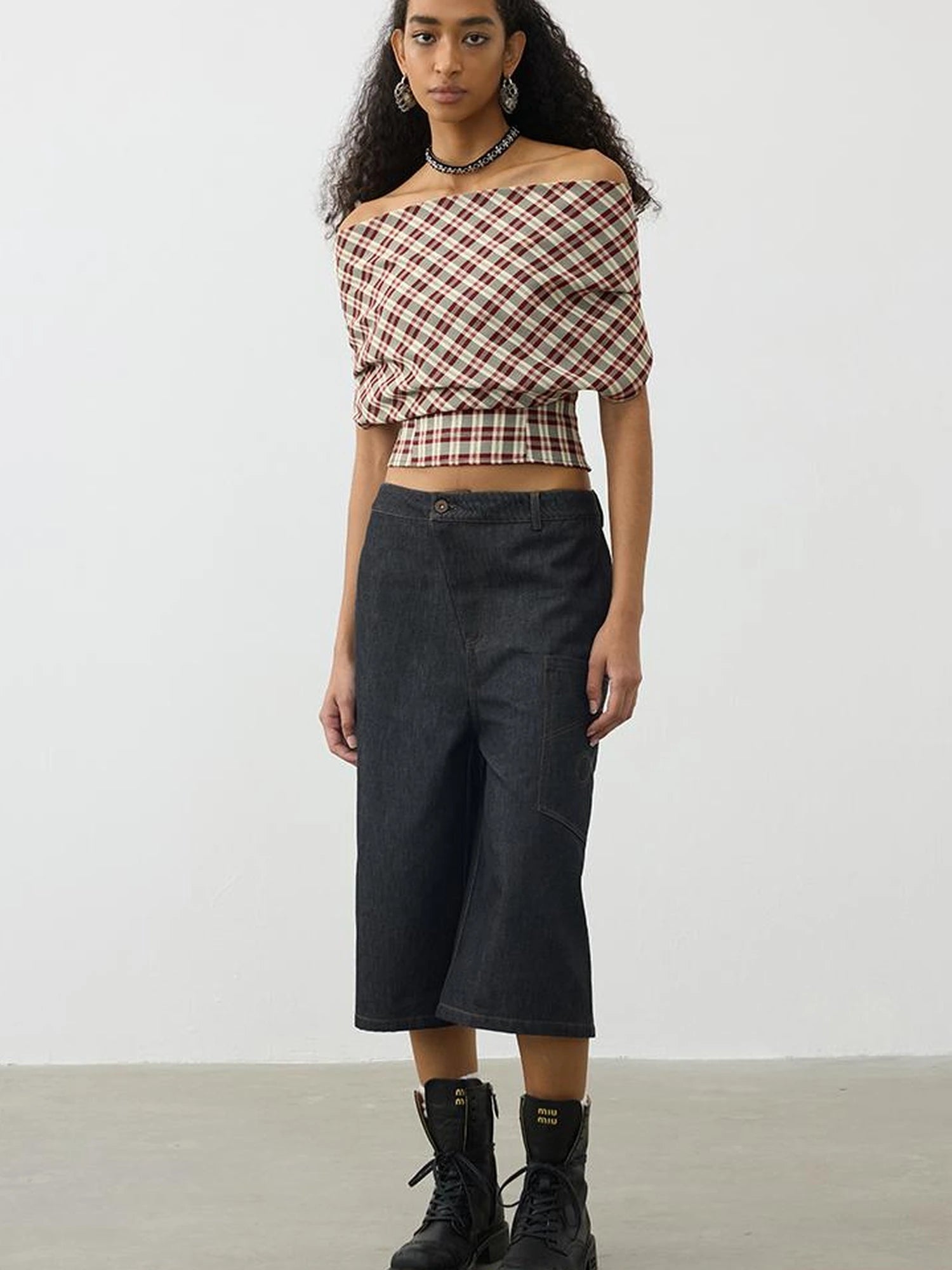 Two In One Halter Neck Tops With Draped Cowl Neck And Checkered Pattern