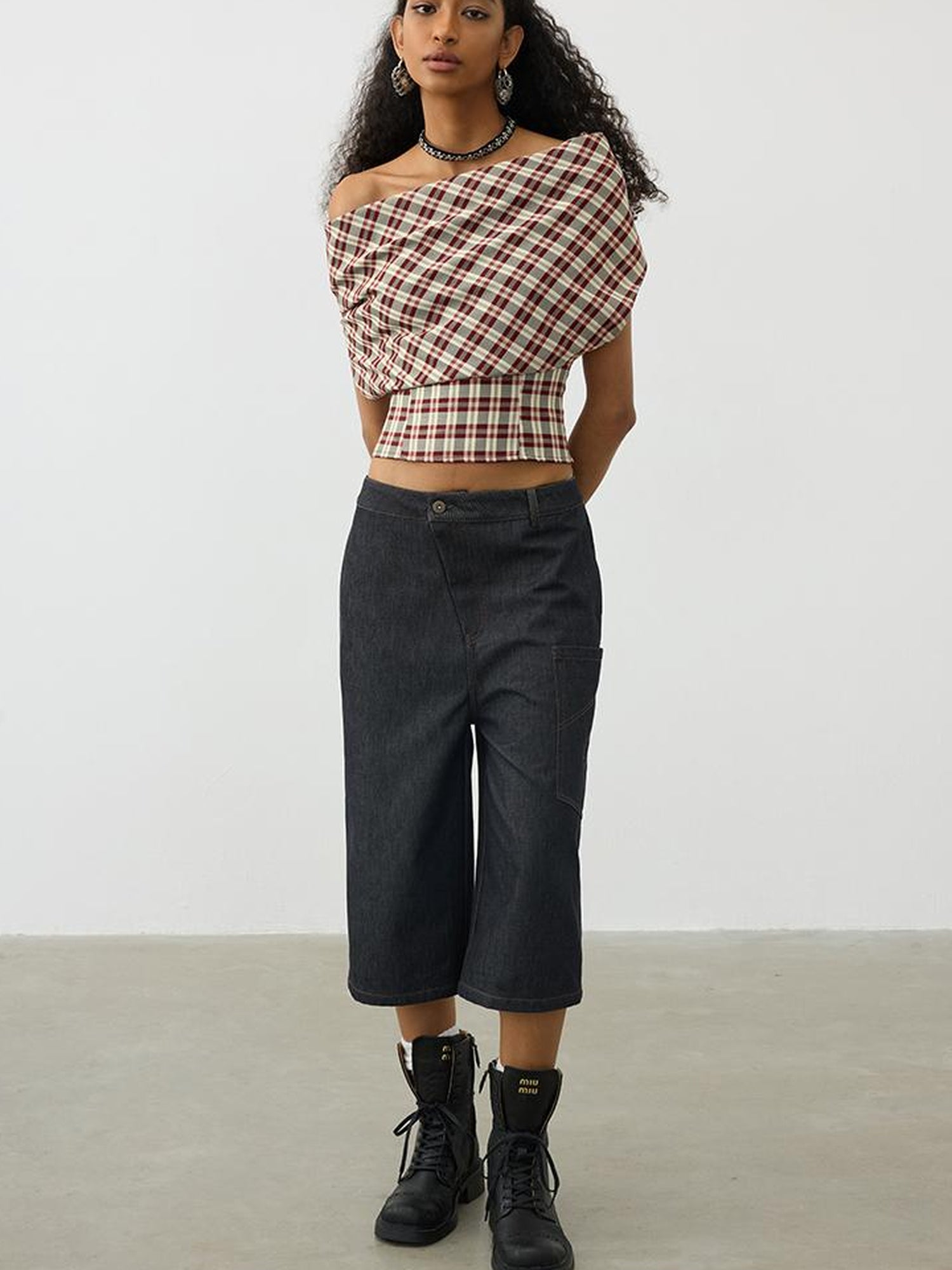 AFTADAWN Two In One Halter Neck Tops With Draped Cowl Neck And Checkered Pattern