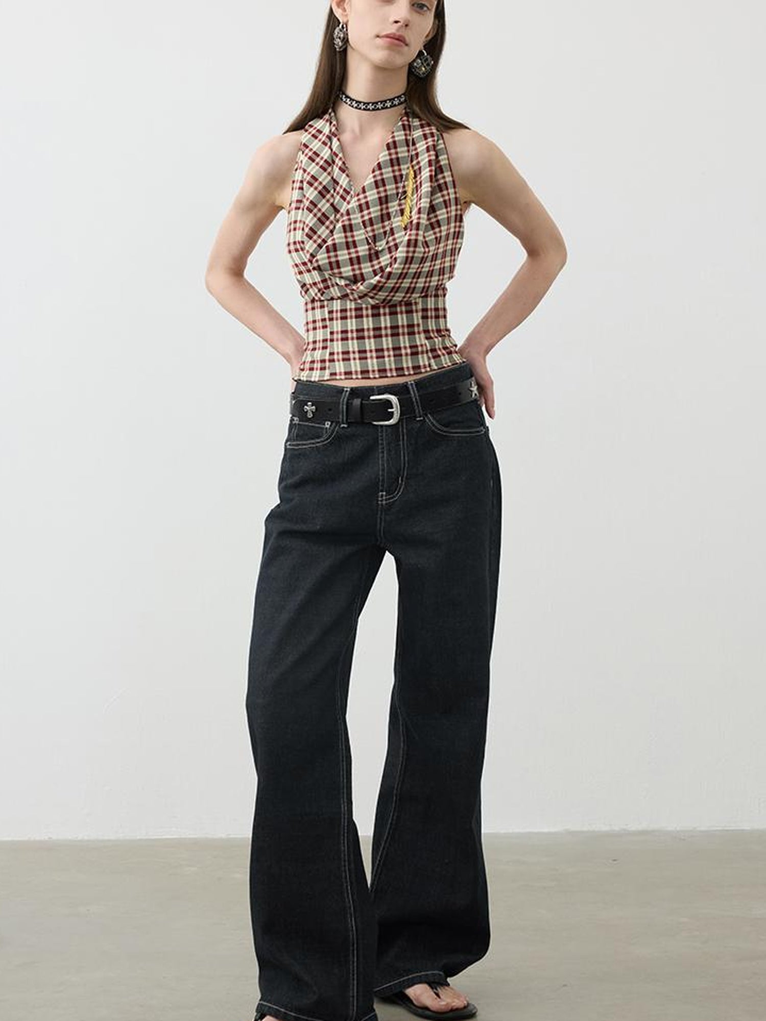 AFTADAWN Two In One Halter Neck Tops With Draped Cowl Neck And Checkered Pattern