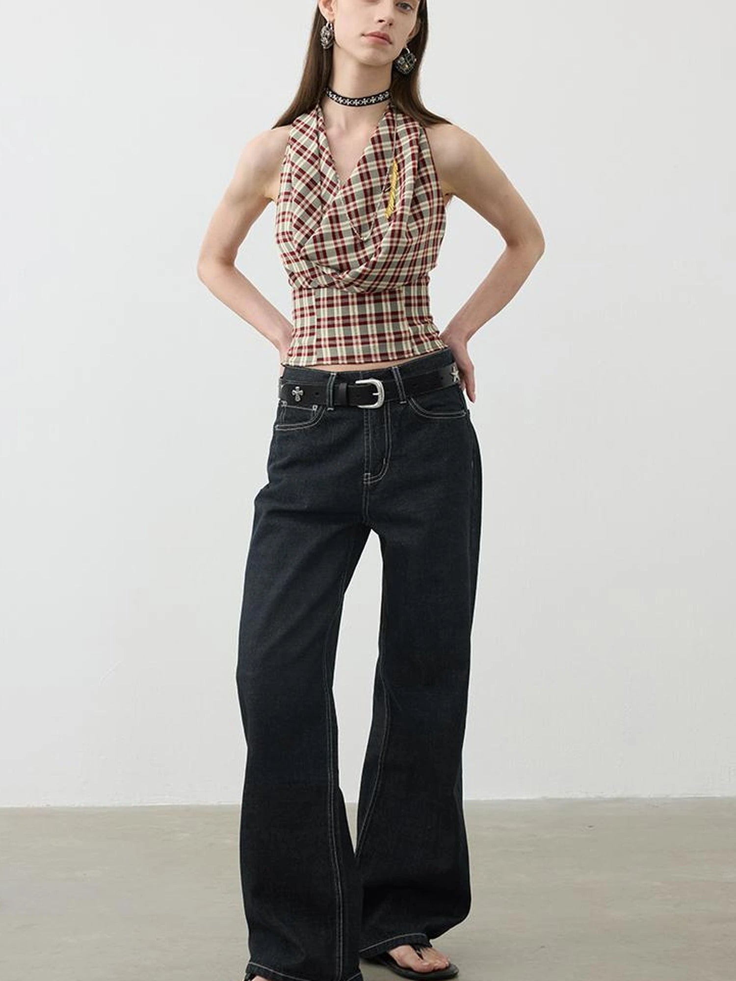Two In One Halter Neck Tops With Draped Cowl Neck And Checkered Pattern