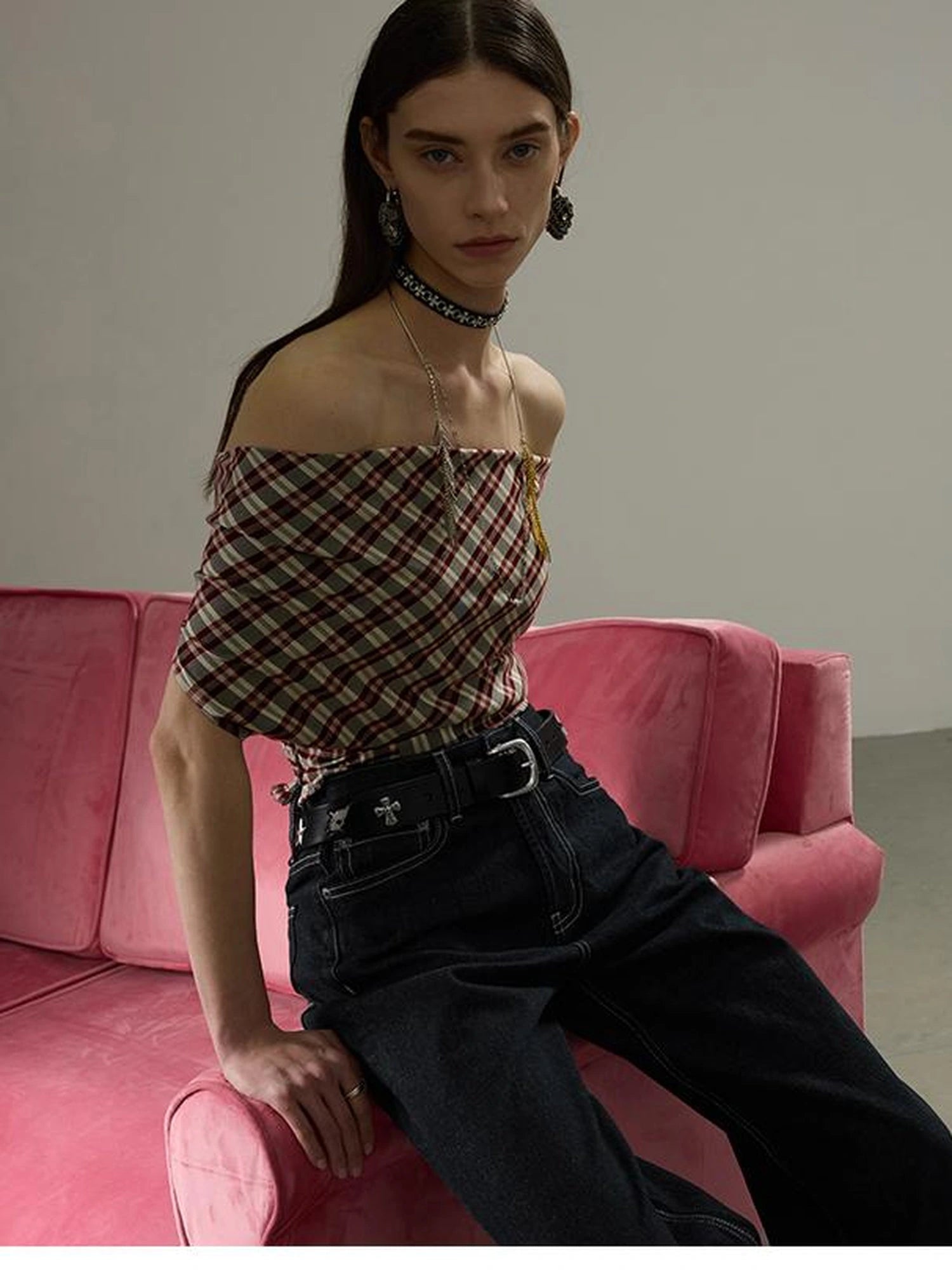 Two In One Halter Neck Tops With Draped Cowl Neck And Checkered Pattern