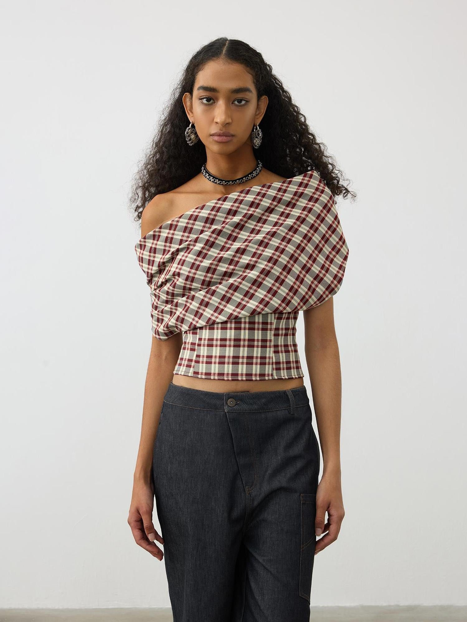 AFTADAWN Two In One Halter Neck Tops With Draped Cowl Neck And Checkered Pattern