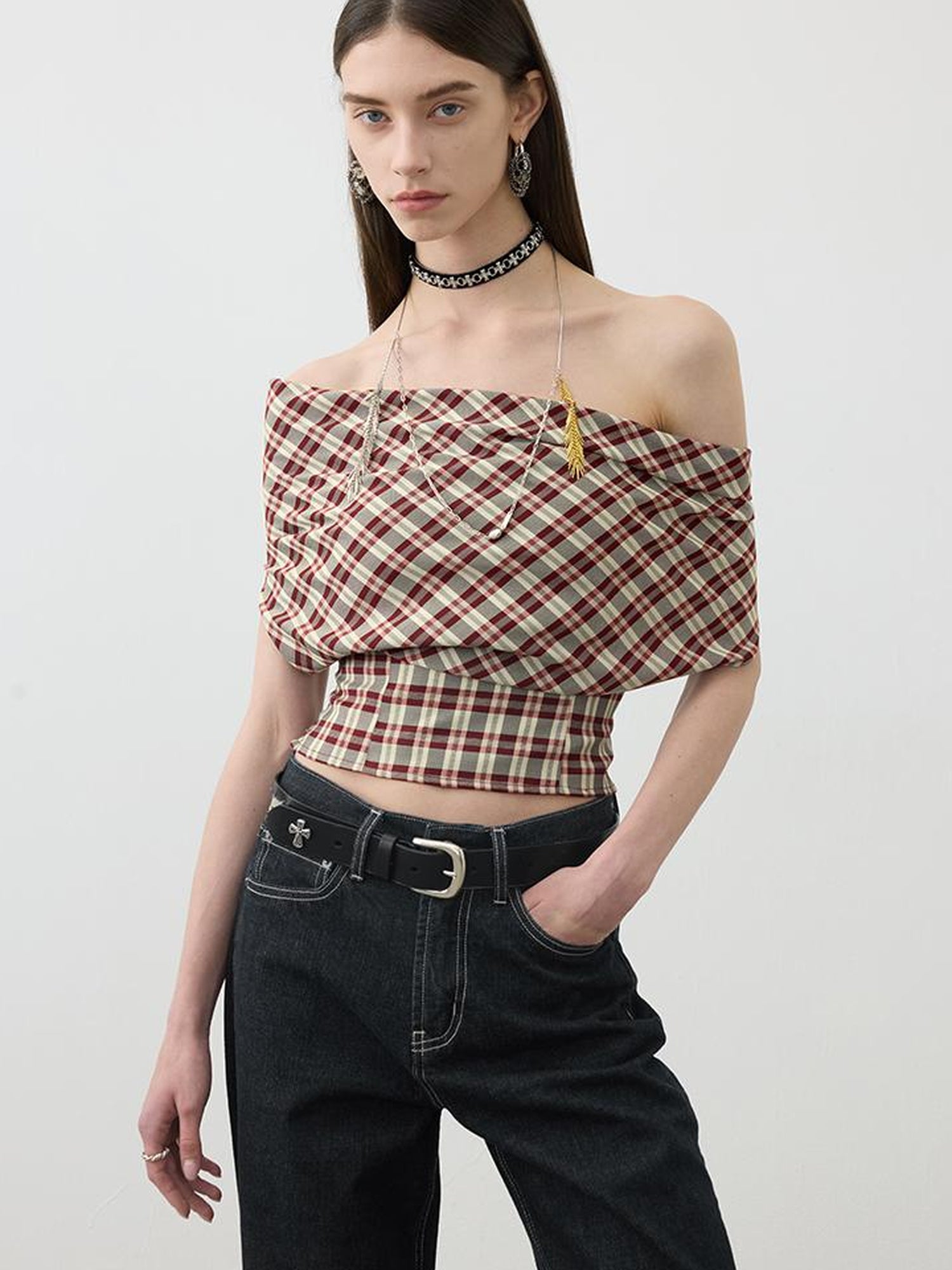 AFTADAWN Two In One Halter Neck Tops With Draped Cowl Neck And Checkered Pattern