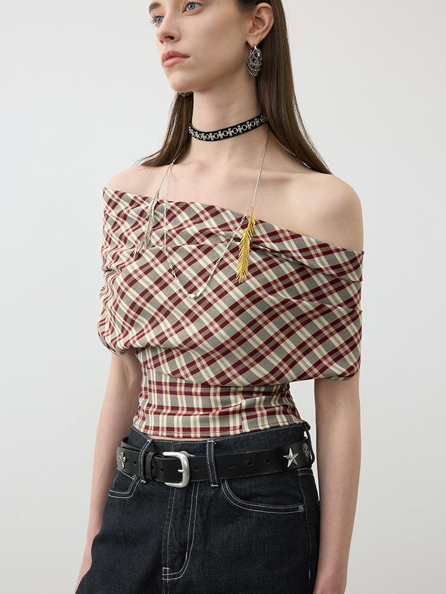 AFTADAWN Two In One Halter Neck Tops With Draped Cowl Neck And Checkered Pattern