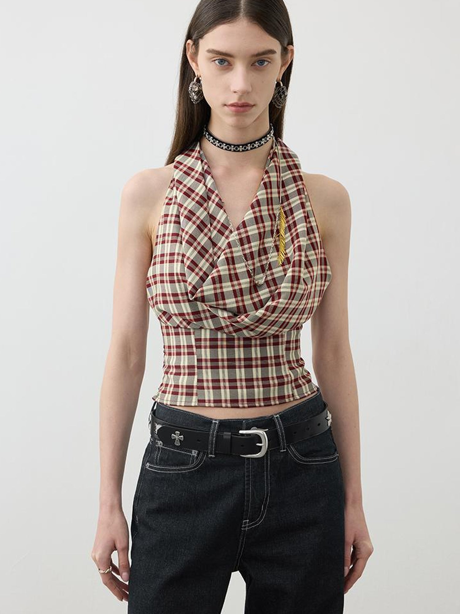 AFTADAWN Two In One Halter Neck Tops With Draped Cowl Neck And Checkered Pattern