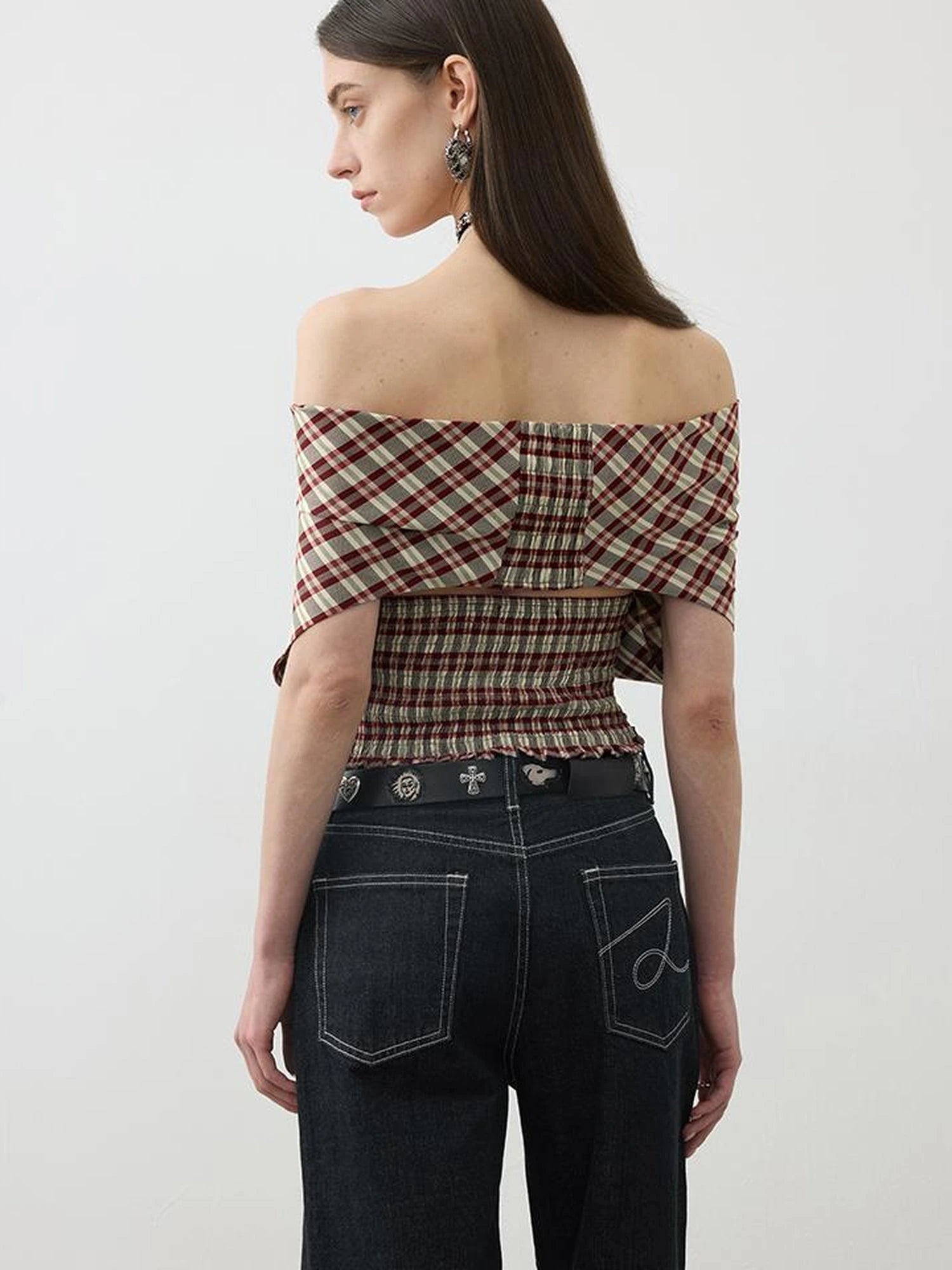 Two In One Halter Neck Tops With Draped Cowl Neck And Checkered Pattern