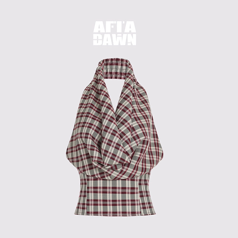 AFTADAWN_Two_In_One_Halter_Neck_Tops_With_Draped_Cowl_Neck_And_Checkered_Pattern_MISSTT