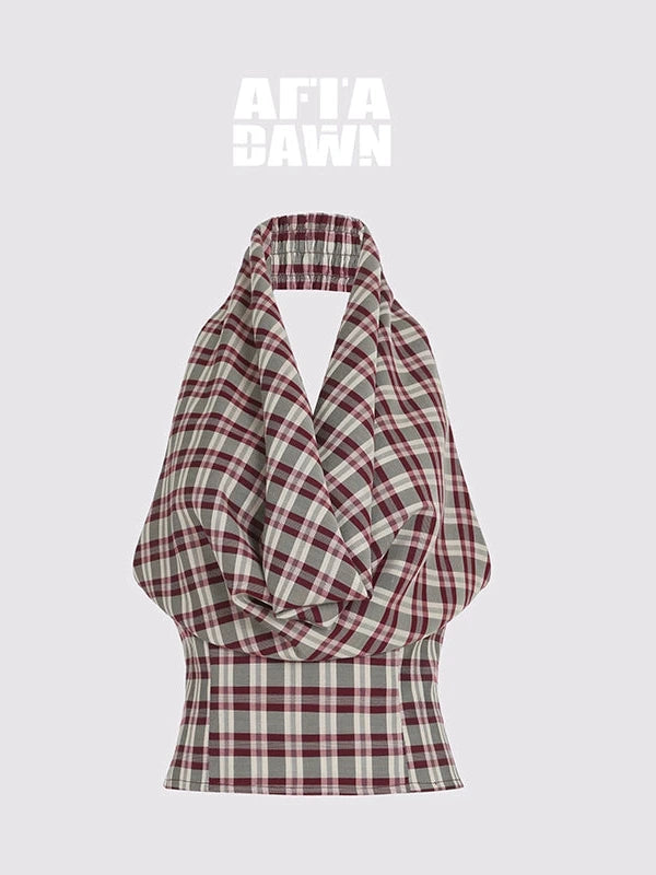Two In One Halter Neck Tops With Draped Cowl Neck And Checkered Pattern