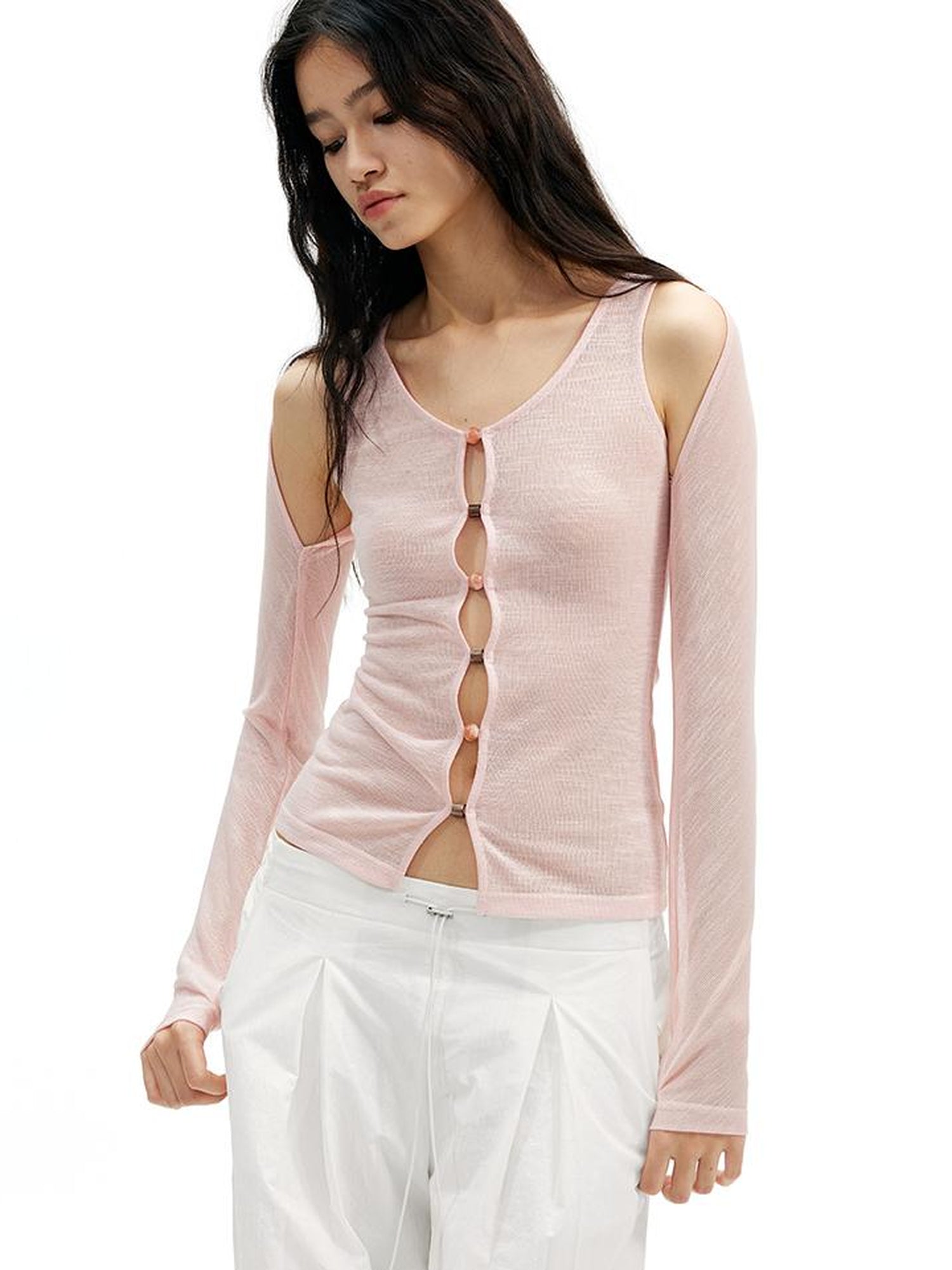 AFTADAWN Two In One Lyocell Beaded Placket Sheer Sleeveless Top