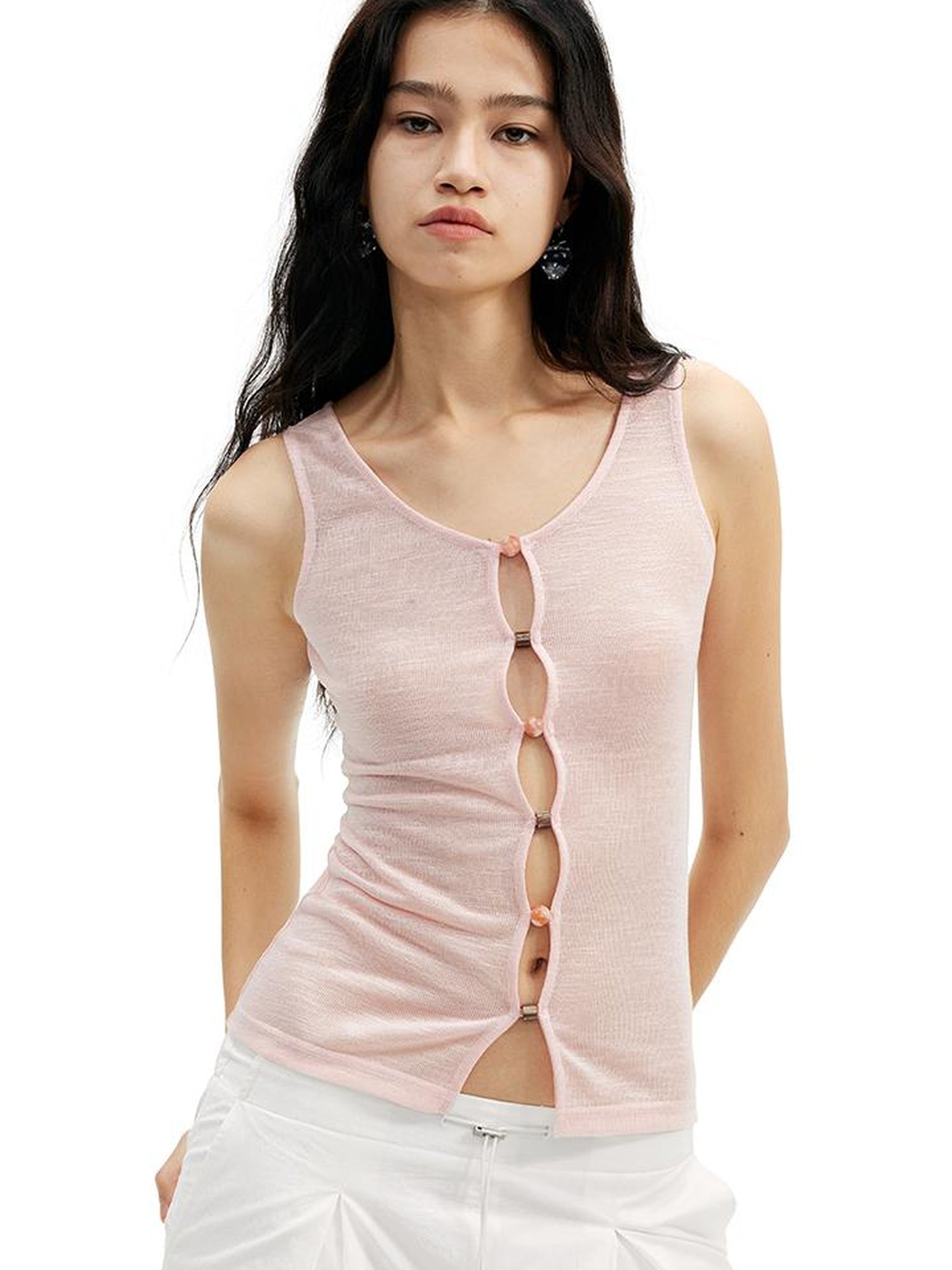 AFTADAWN Two In One Lyocell Beaded Placket Sheer Sleeveless Top