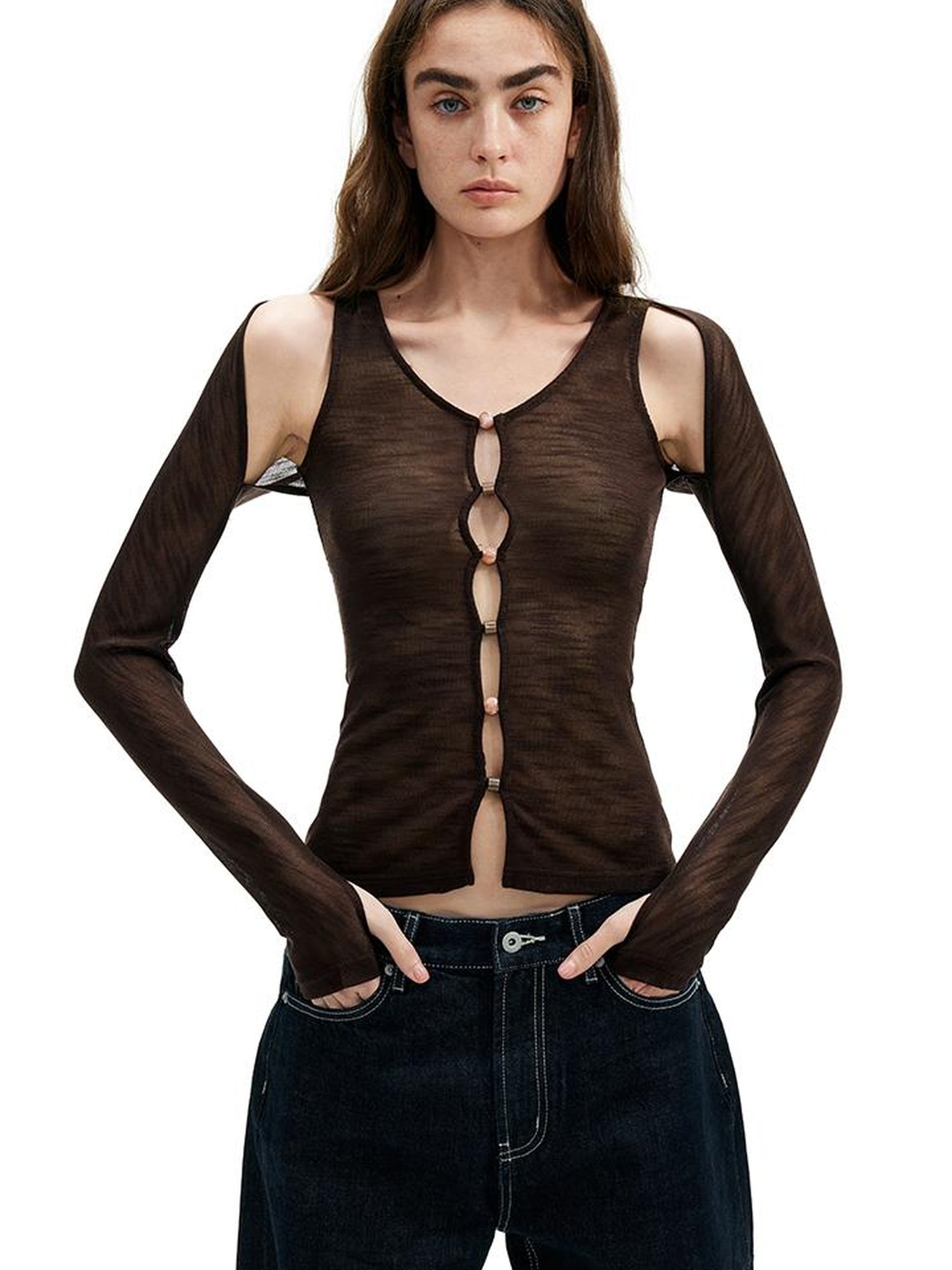 AFTADAWN Two In One Lyocell Beaded Placket Sheer Sleeveless Top