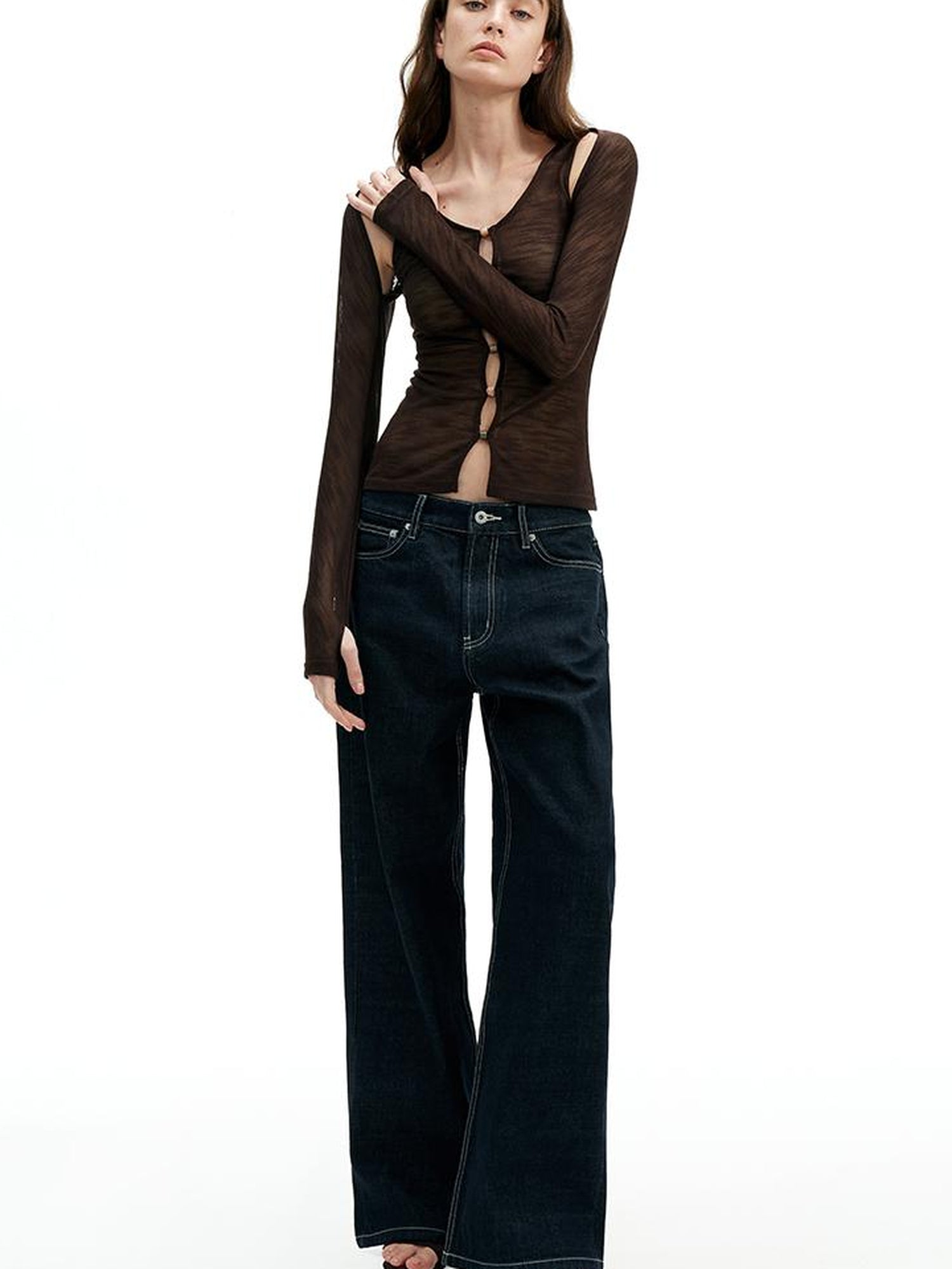 AFTADAWN Two In One Lyocell Beaded Placket Sheer Sleeveless Top