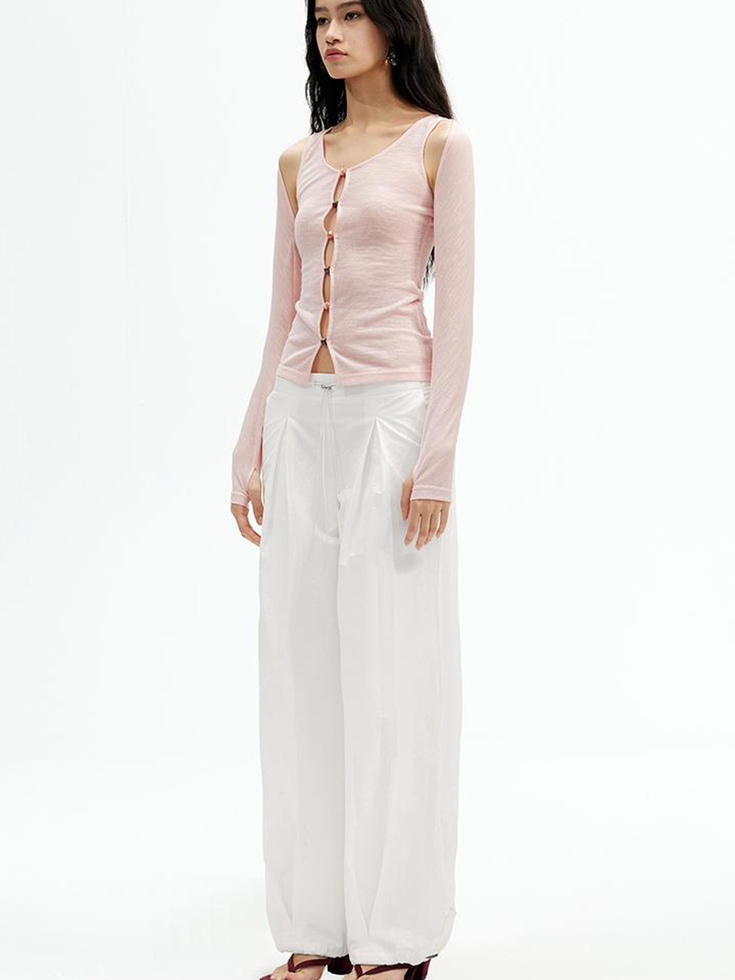 AFTADAWN Two In One Lyocell Beaded Placket Sheer Sleeveless Top