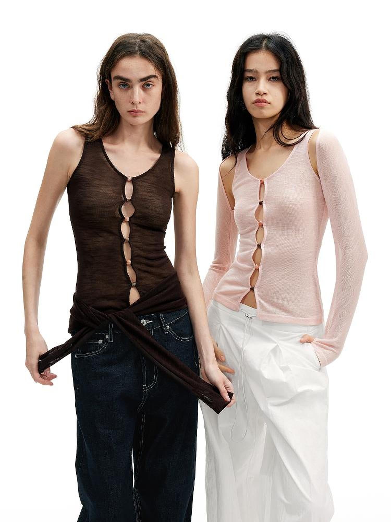 AFTADAWN Two In One Lyocell Beaded Placket Sheer Sleeveless Top