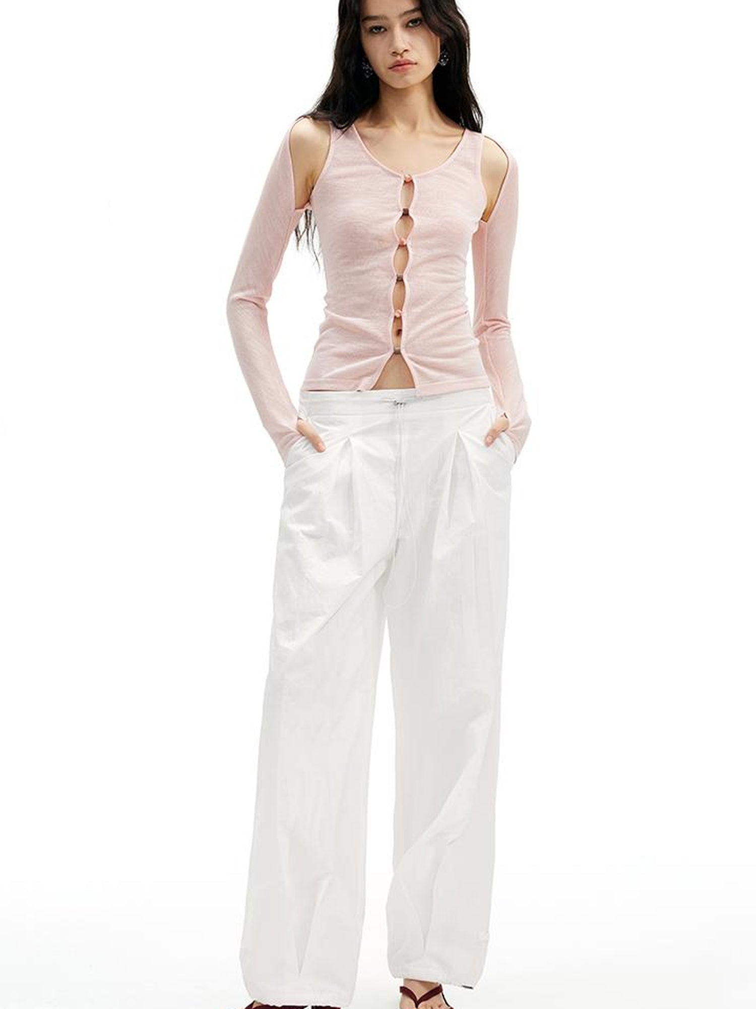 AFTADAWN Two In One Lyocell Beaded Placket Sheer Sleeveless Top
