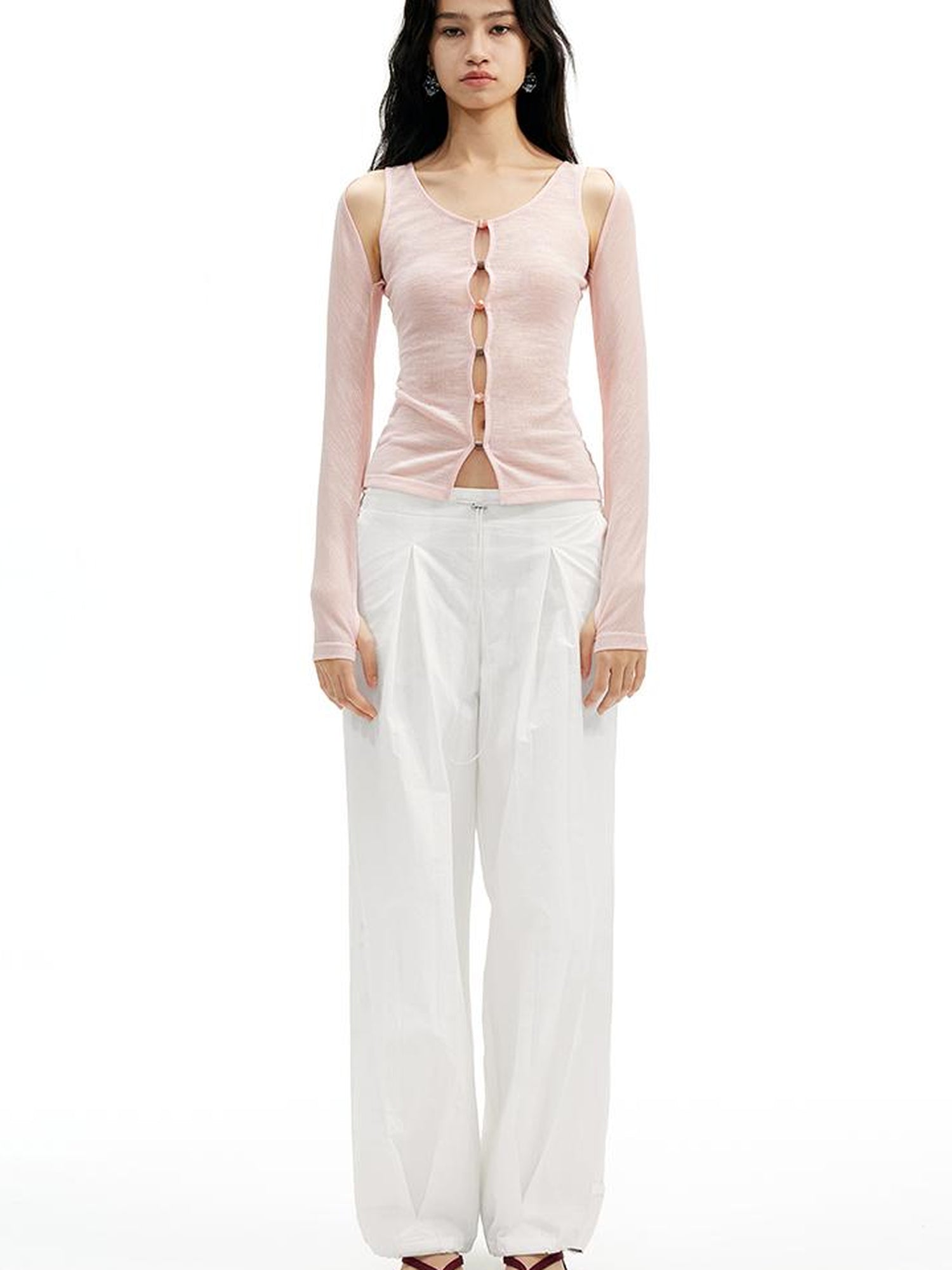 AFTADAWN Two In One Lyocell Beaded Placket Sheer Sleeveless Top