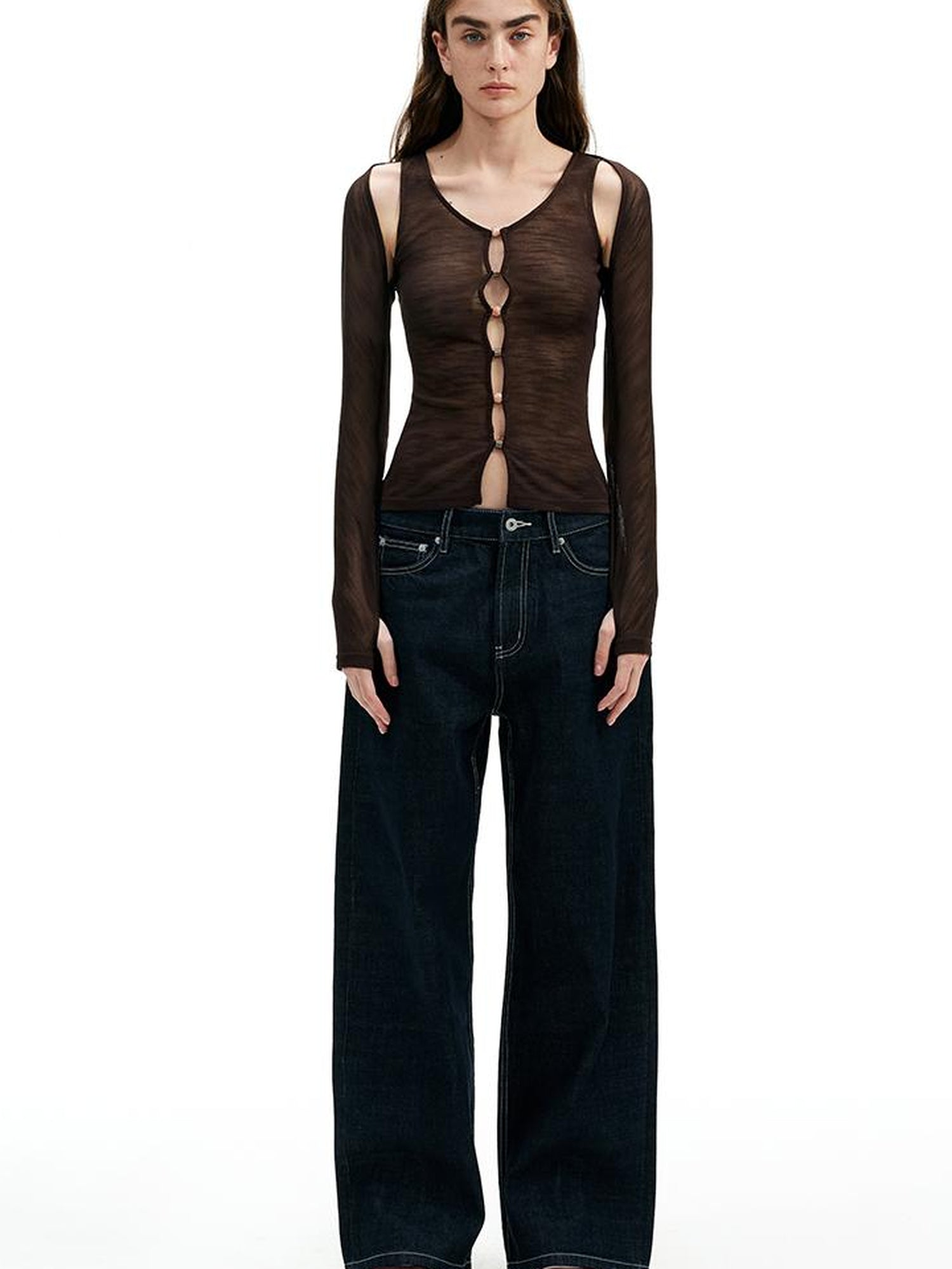 AFTADAWN Two In One Lyocell Beaded Placket Sheer Sleeveless Top