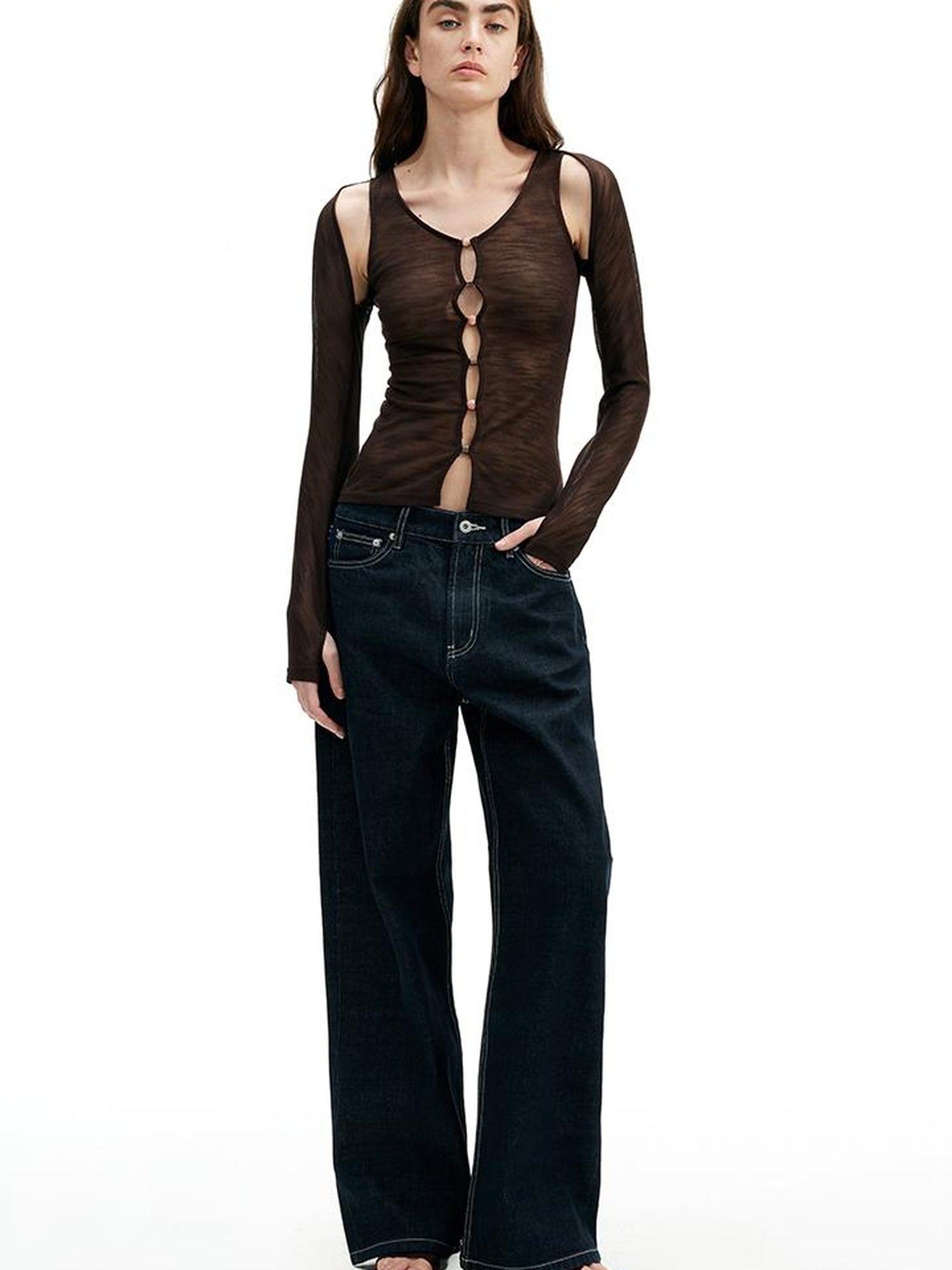 AFTADAWN Two In One Lyocell Beaded Placket Sheer Sleeveless Top