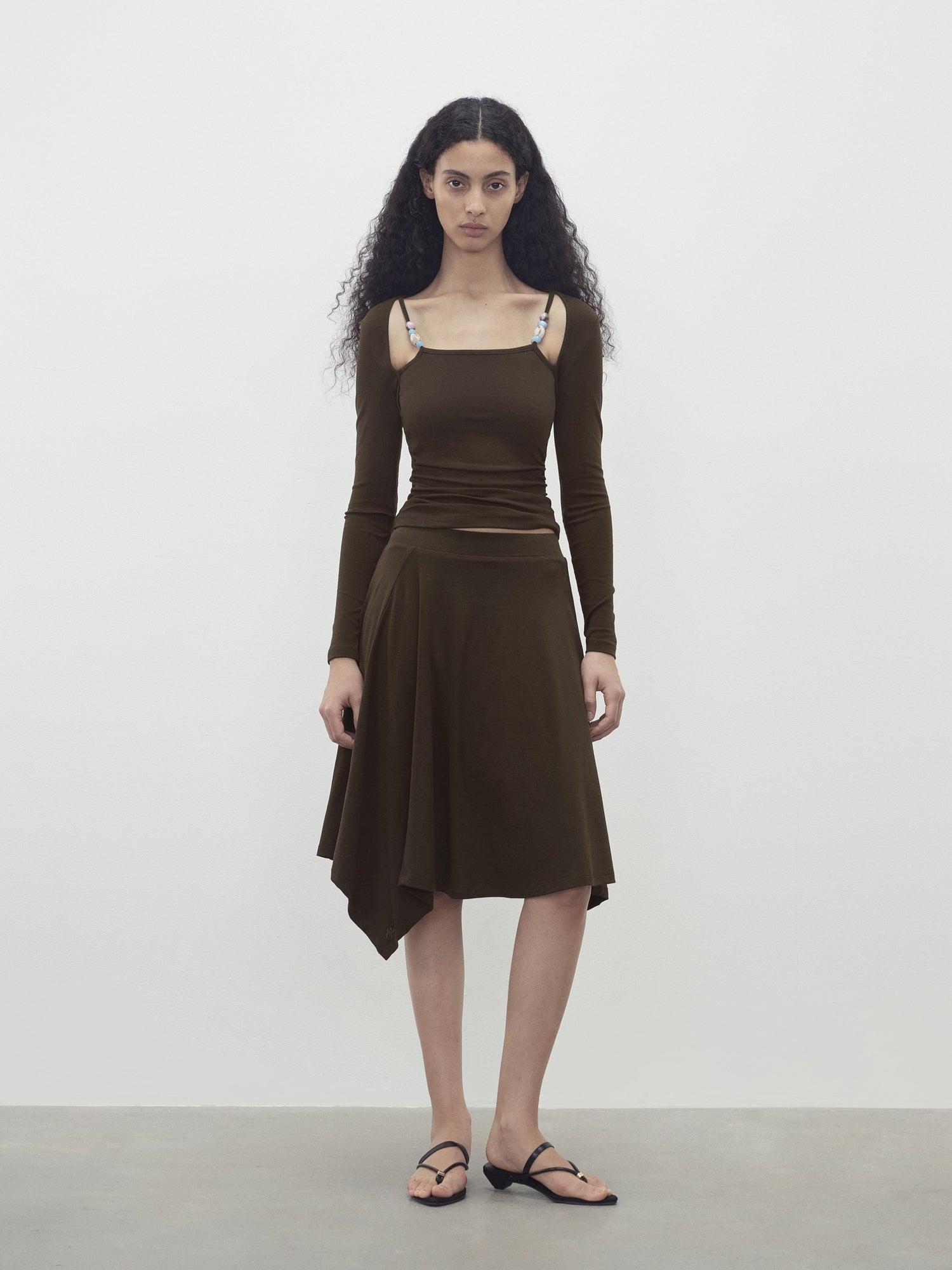AFTADAWN Two Piece Beaded Sling Mock Neck Long Sleeve Top with Asymmetrical Skirt Set