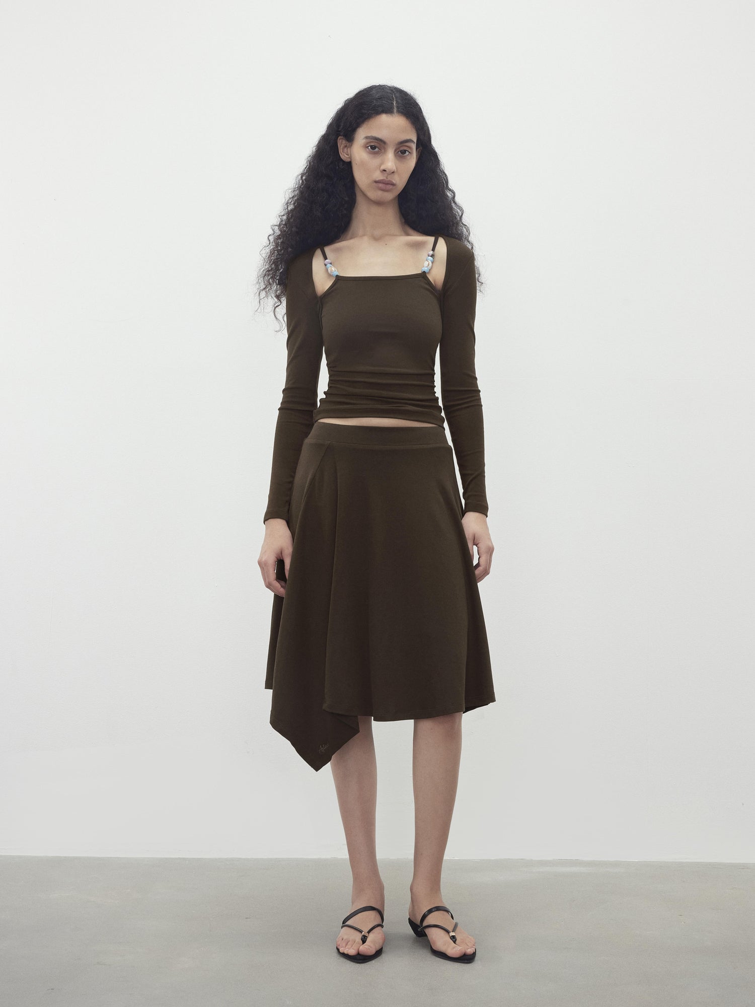 AFTADAWN Two Piece Beaded Sling Mock Neck Long Sleeve Top with Asymmetrical Skirt Set