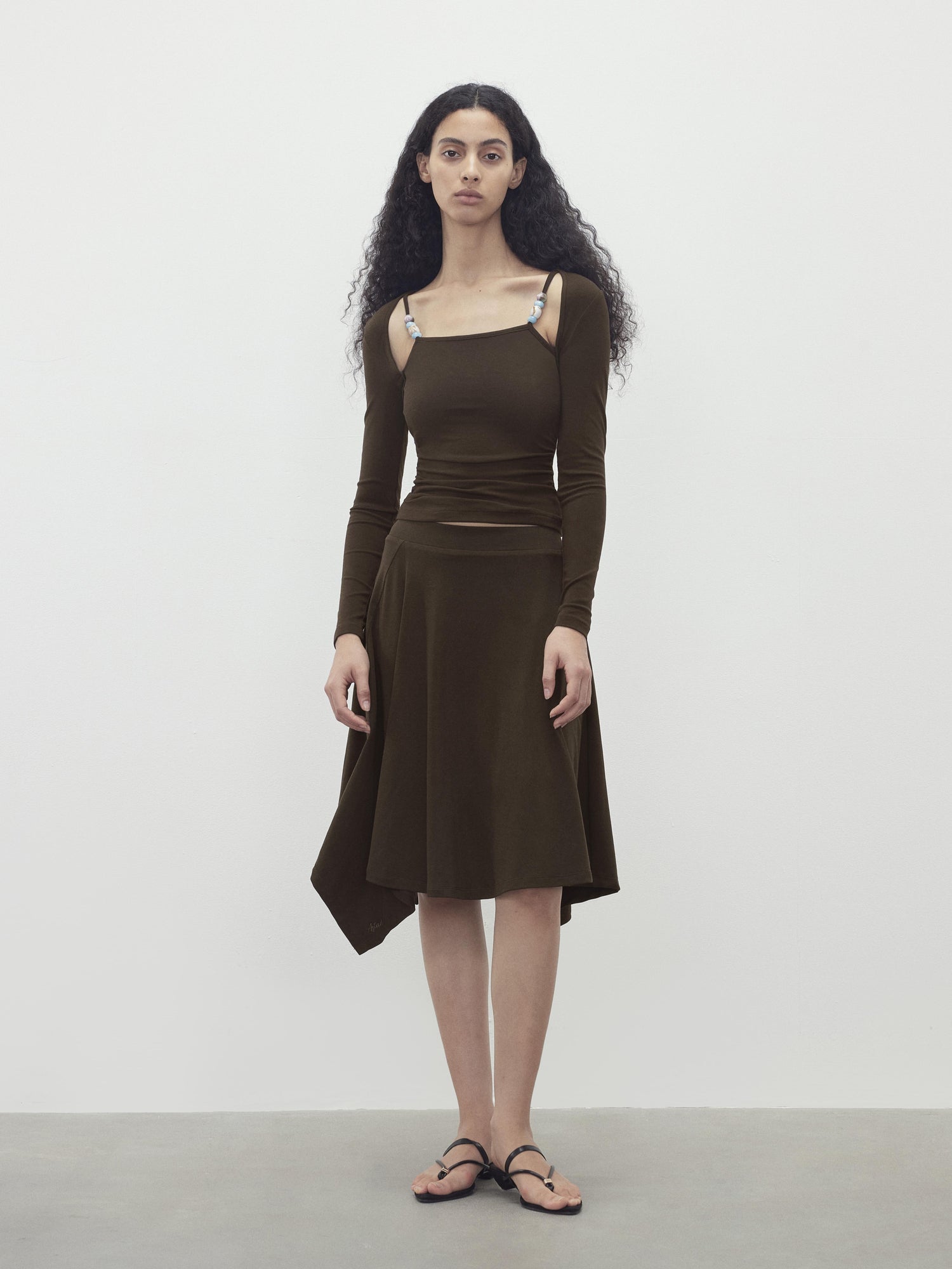 AFTADAWN Two Piece Beaded Sling Mock Neck Long Sleeve Top with Asymmetrical Skirt Set