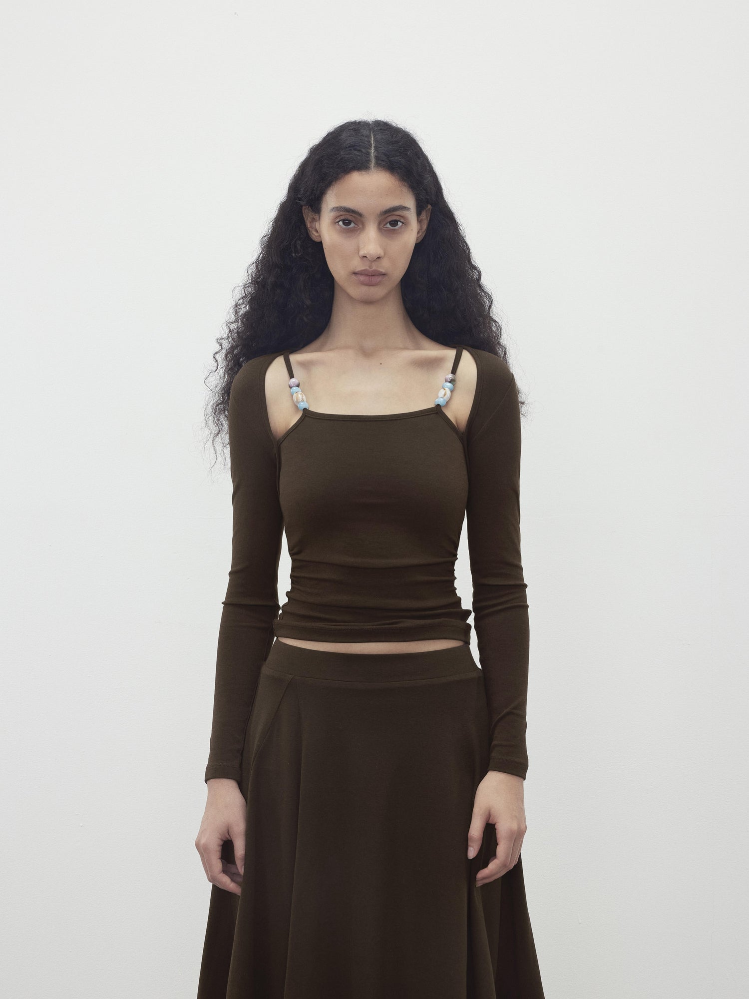 AFTADAWN Two Piece Beaded Sling Mock Neck Long Sleeve Top with Asymmetrical Skirt Set