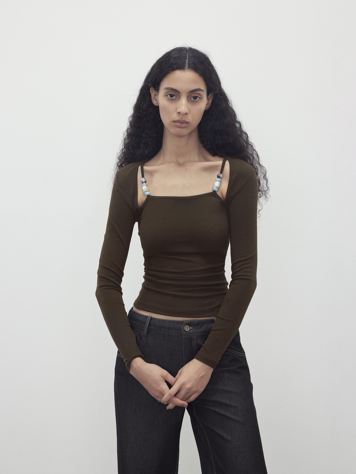 AFTADAWN Two Piece Beaded Sling Mock Neck Long Sleeve Top with Asymmetrical Skirt Set