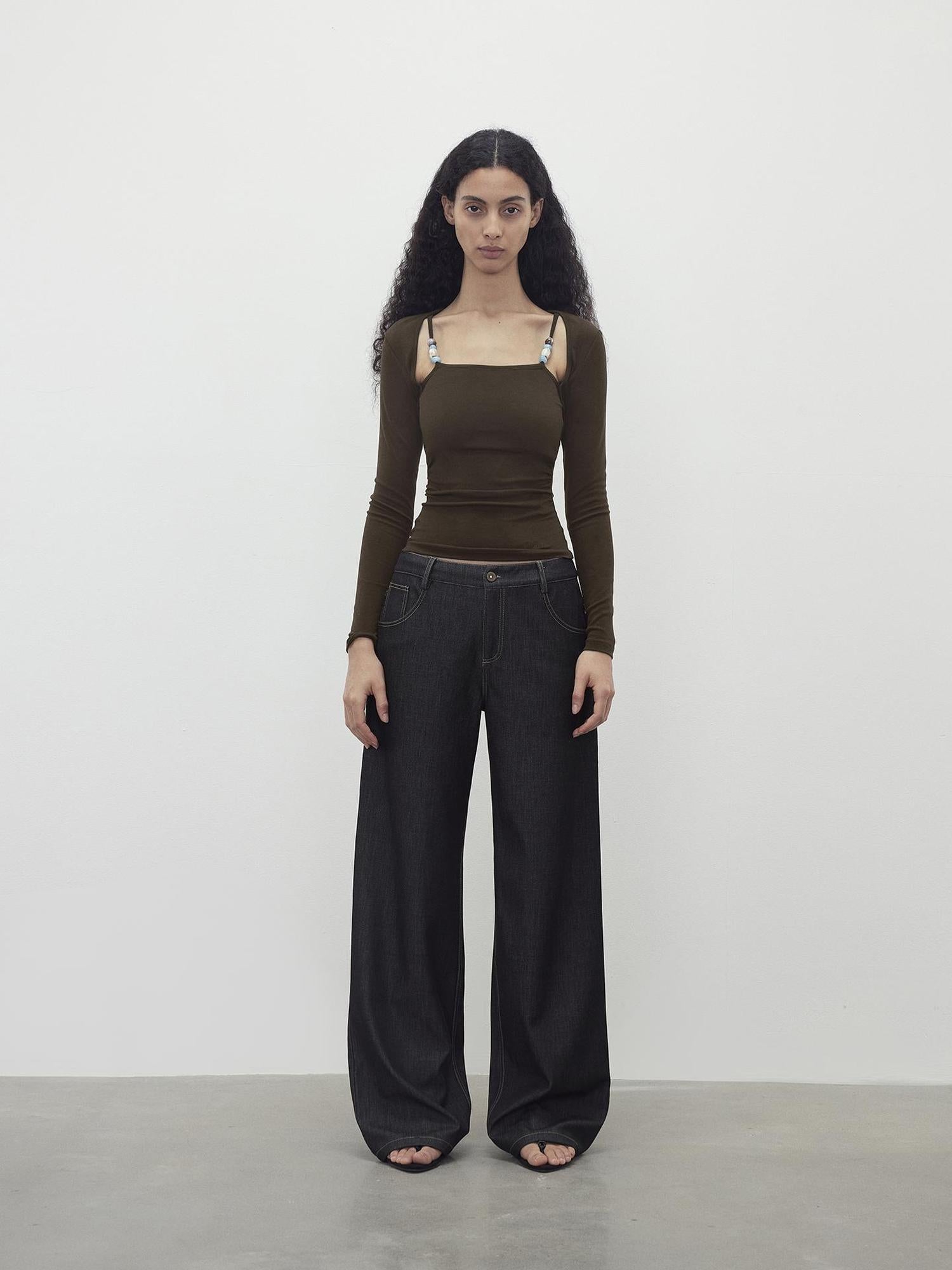 AFTADAWN Two Piece Beaded Sling Mock Neck Long Sleeve Top with Asymmetrical Skirt Set