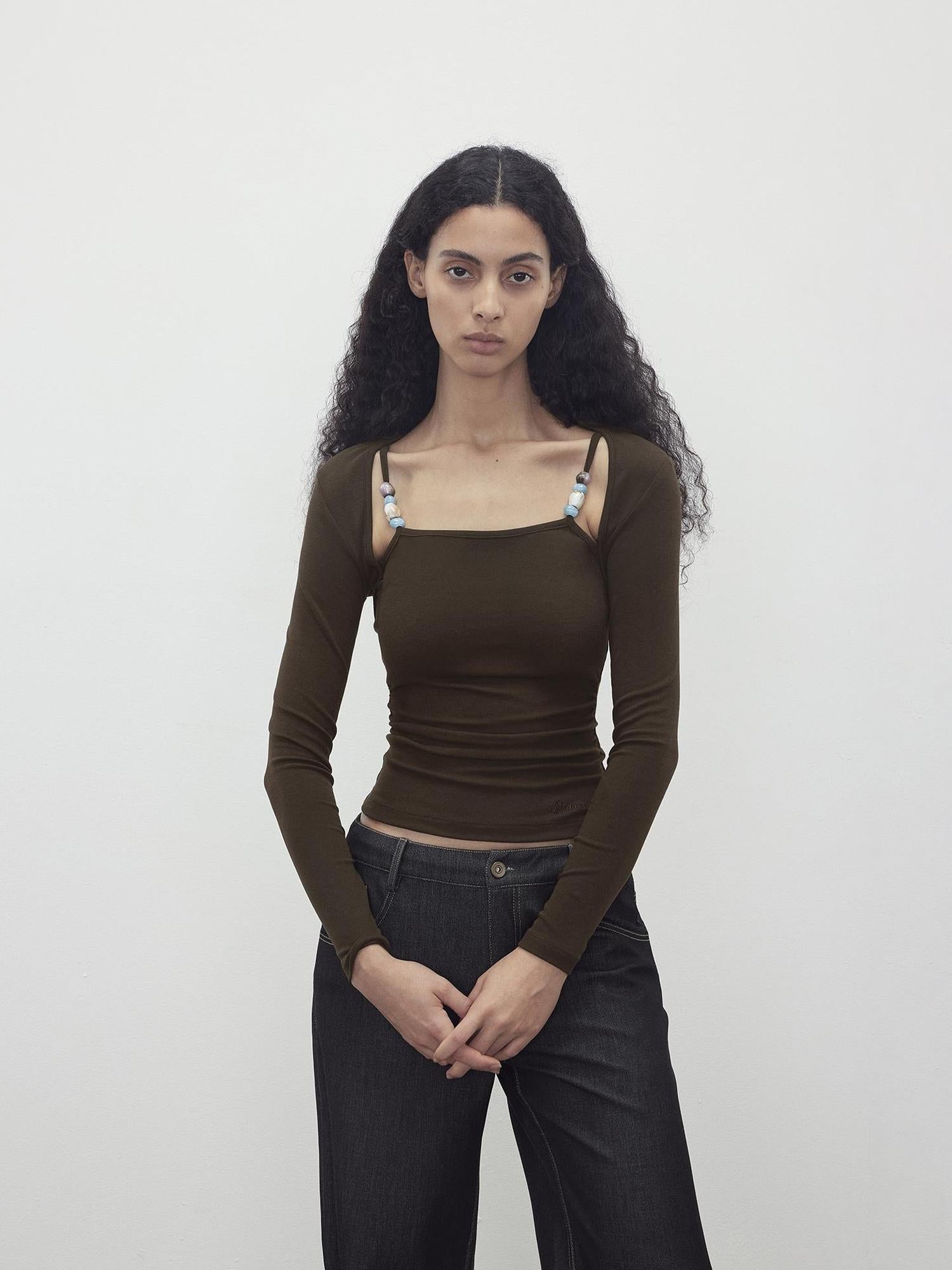 AFTADAWN Two Piece Beaded Sling Mock Neck Long Sleeve Top with Asymmetrical Skirt Set