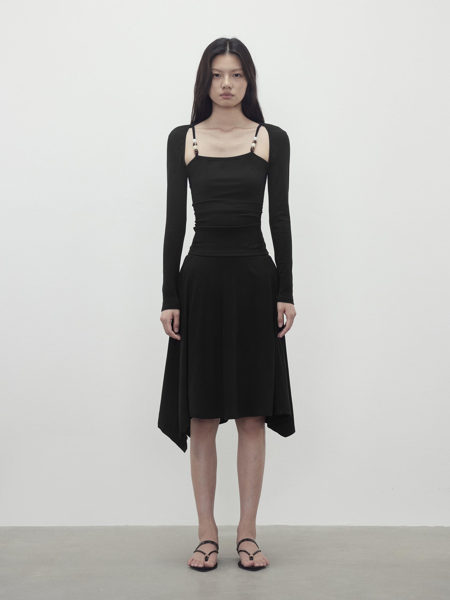 AFTADAWN Two Piece Beaded Sling Mock Neck Long Sleeve Top with Asymmetrical Skirt Set
