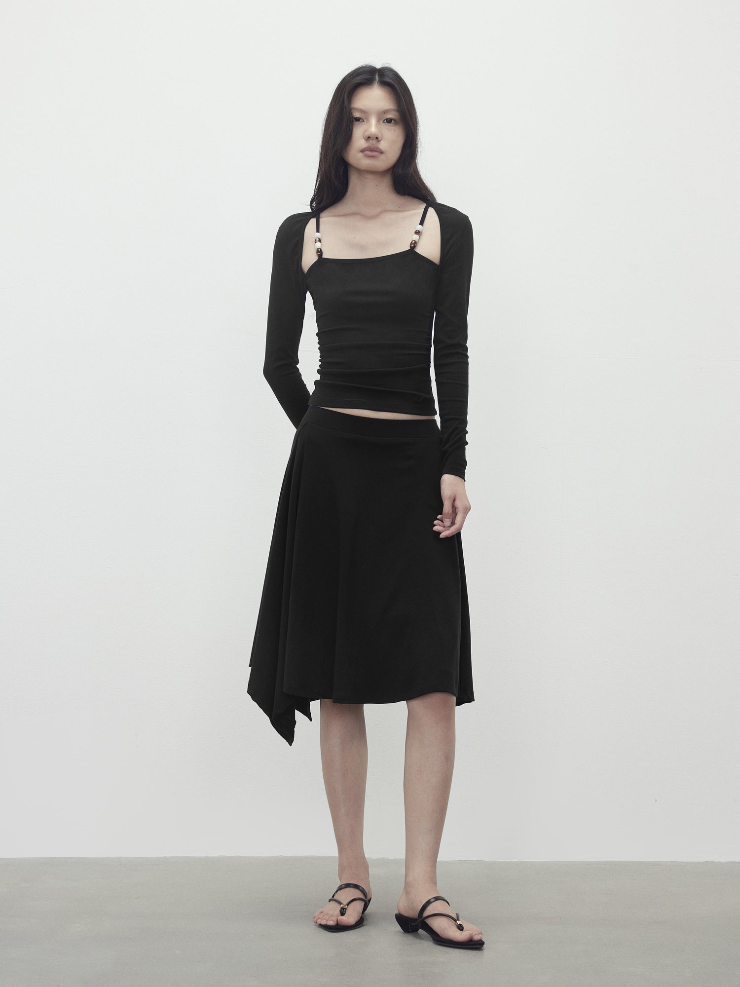 AFTADAWN Two Piece Beaded Sling Mock Neck Long Sleeve Top with Asymmetrical Skirt Set