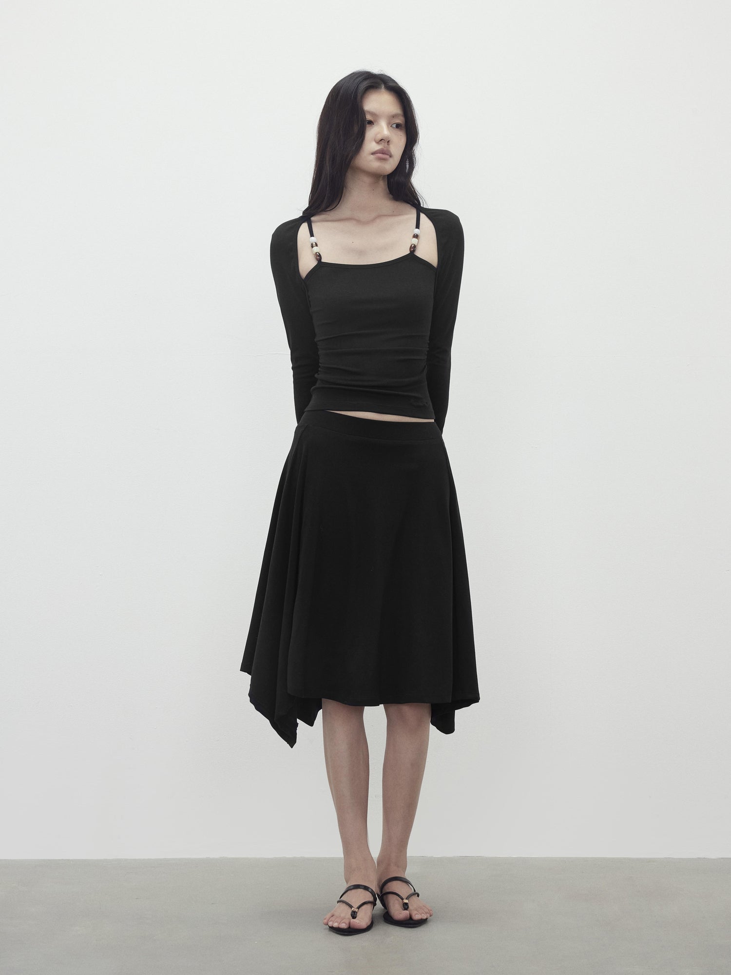 AFTADAWN Two Piece Beaded Sling Mock Neck Long Sleeve Top with Asymmetrical Skirt Set