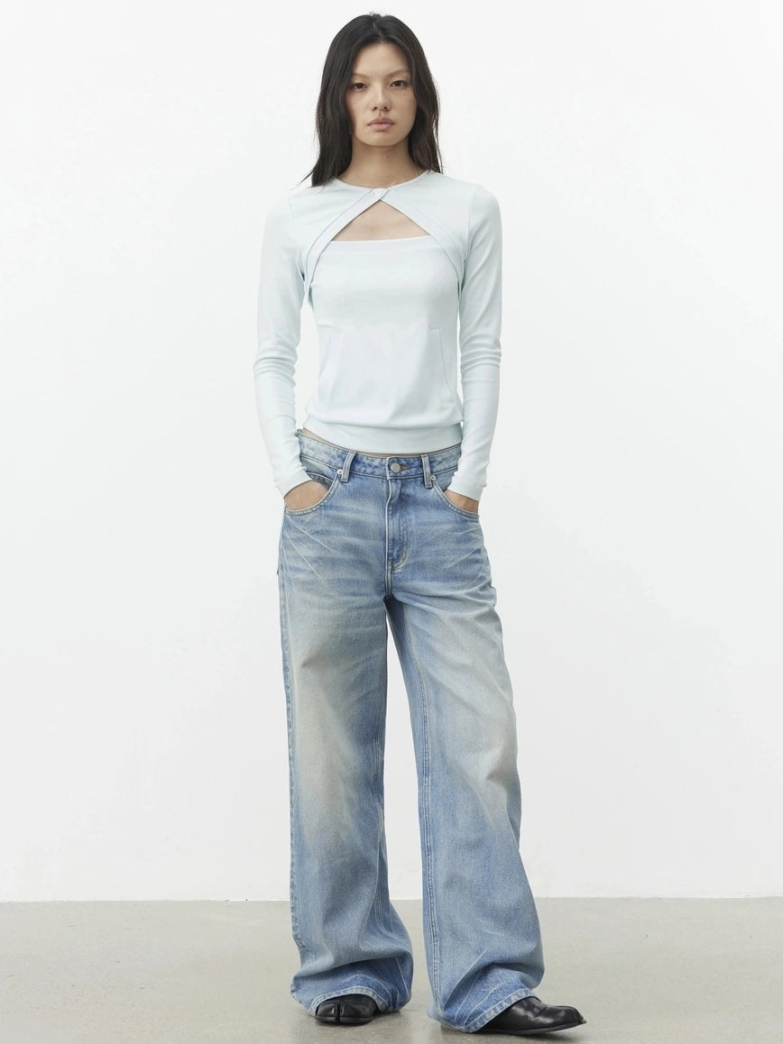 AFTADAWN Two Piece Layered Knit Top With Pockets T-shirt