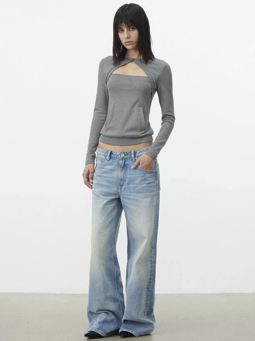 AFTADAWN Two Piece Layered Knit Top With Pockets T-shirt