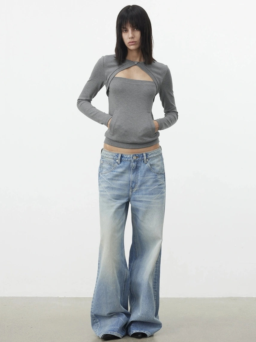 AFTADAWN Two Piece Layered Knit Top With Pockets T-shirt