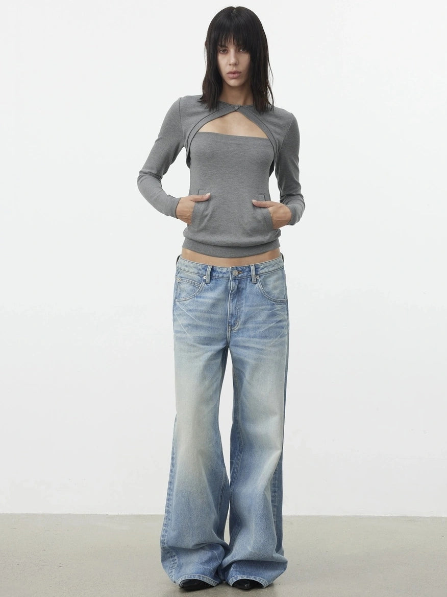 AFTADAWN Two Piece Layered Knit Top With Pockets T-shirt