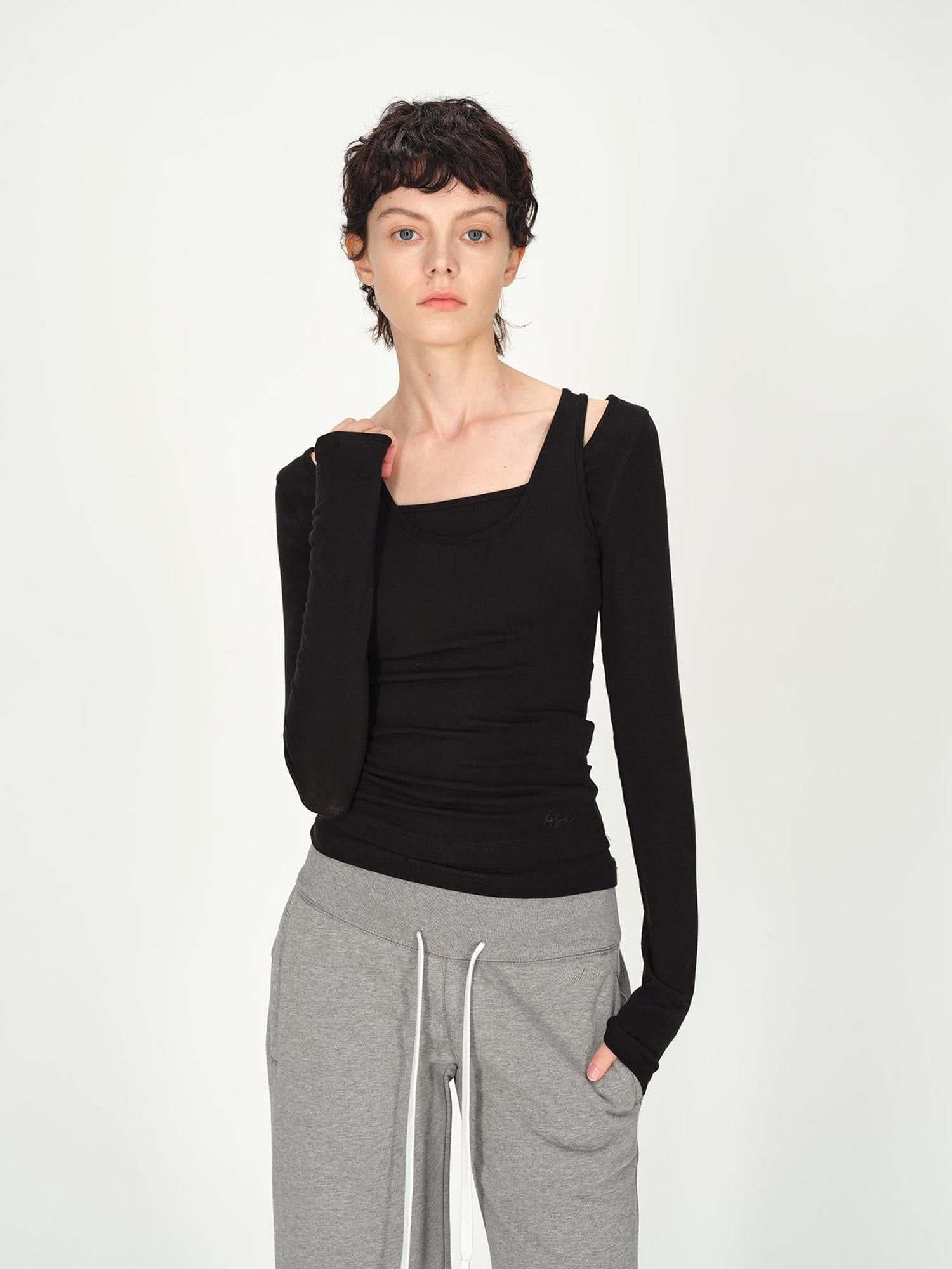 AFTADAWN Two Piece Layered Sleeveless Vest Long Sleeve Top