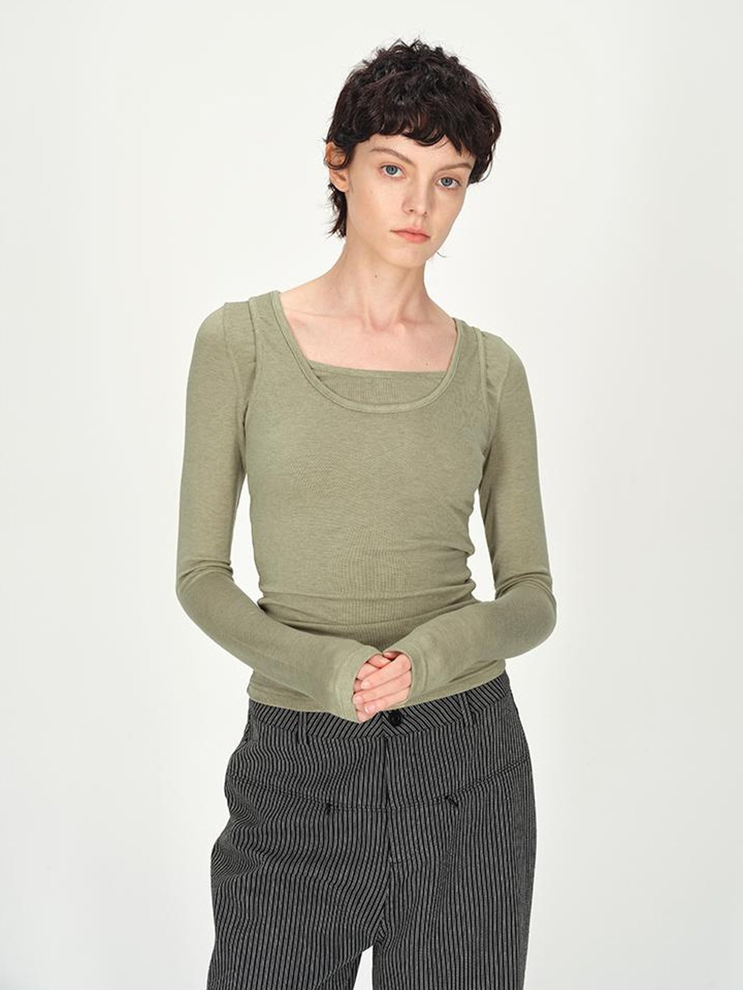 AFTADAWN Two Piece Layered Sleeveless Vest Long Sleeve Top