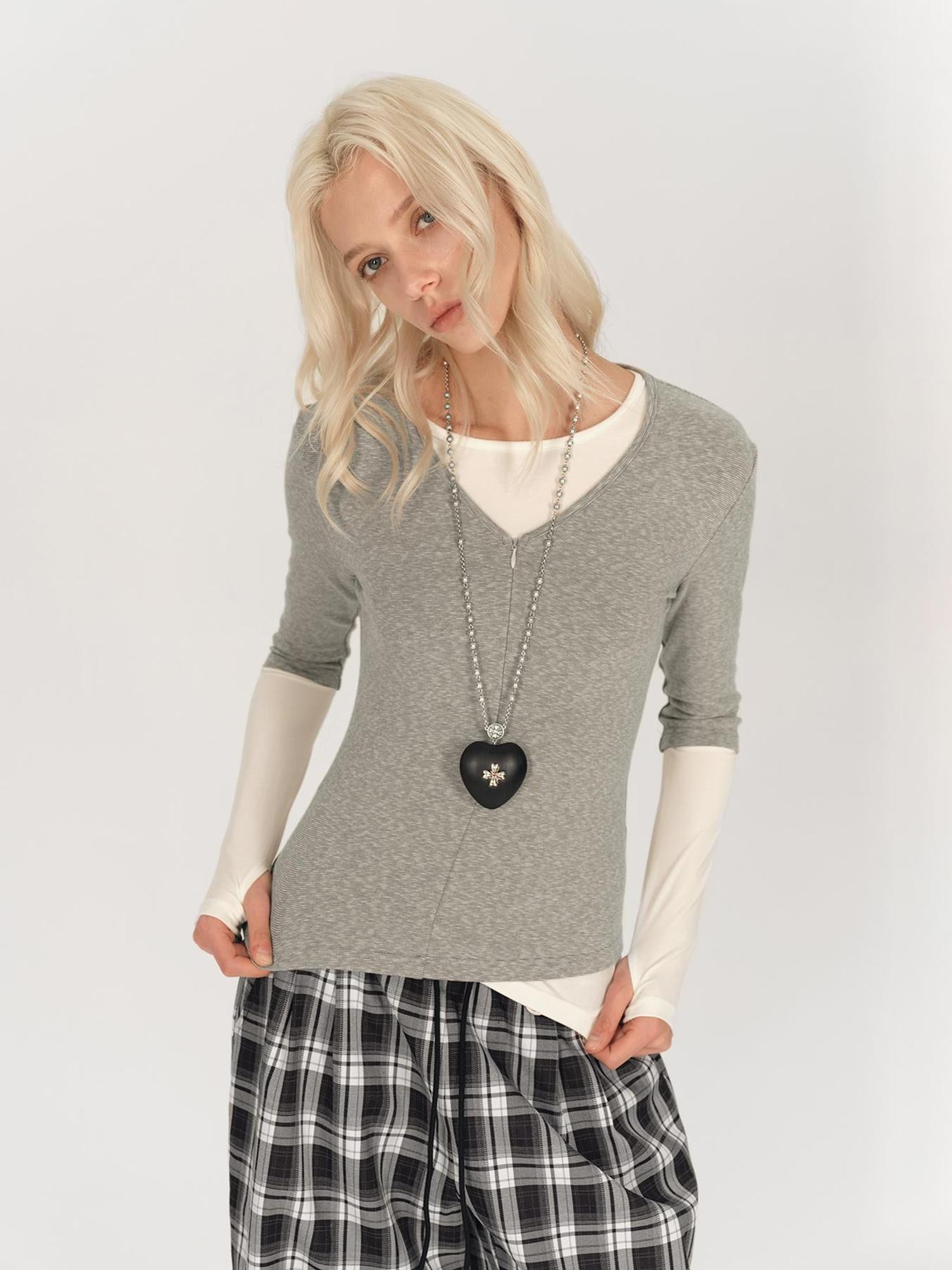 AFTADAWN Two Piece Layered V-neck Zip Front Tee