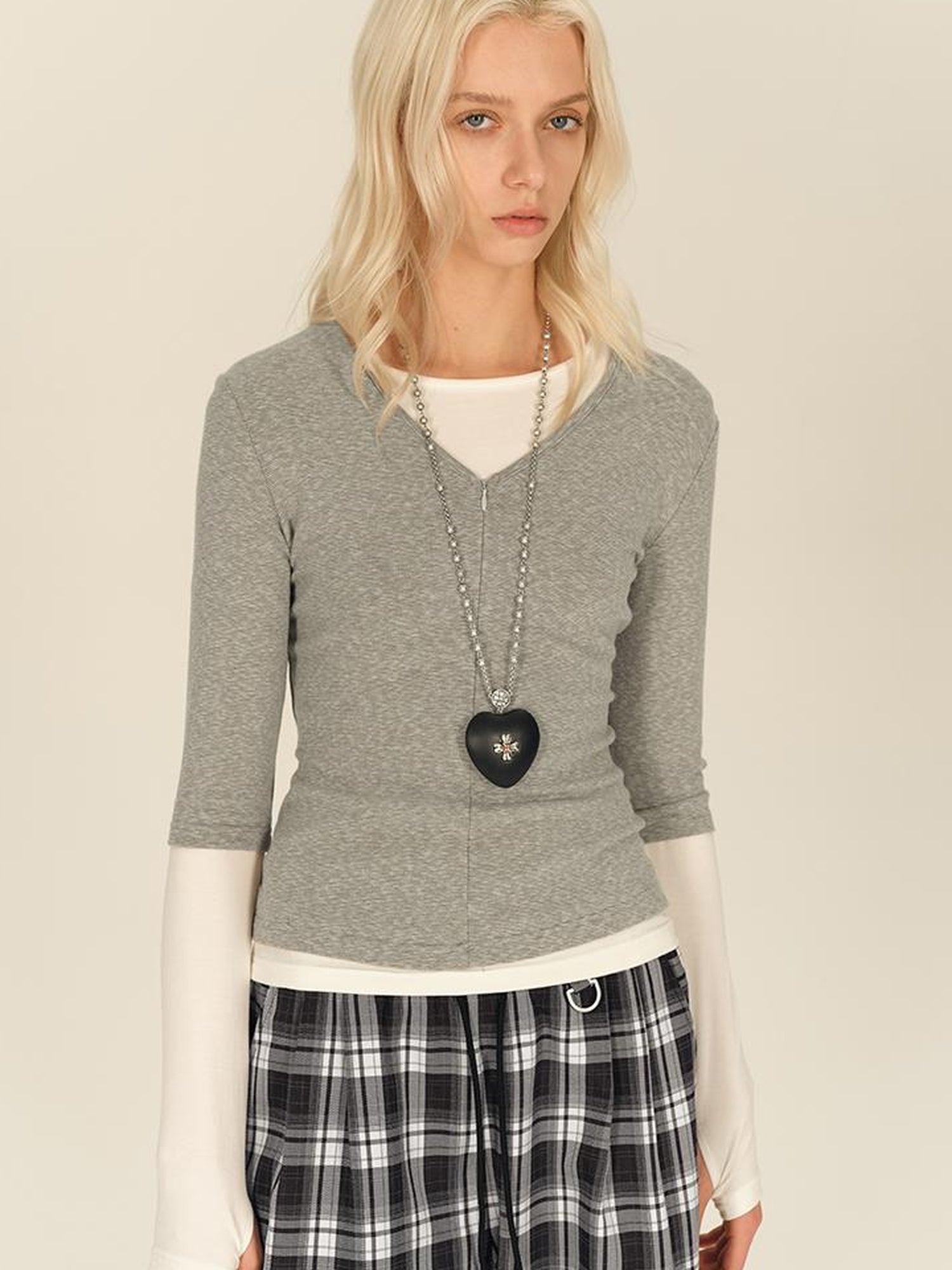 AFTADAWN Two Piece Layered V-neck Zip Front Tee